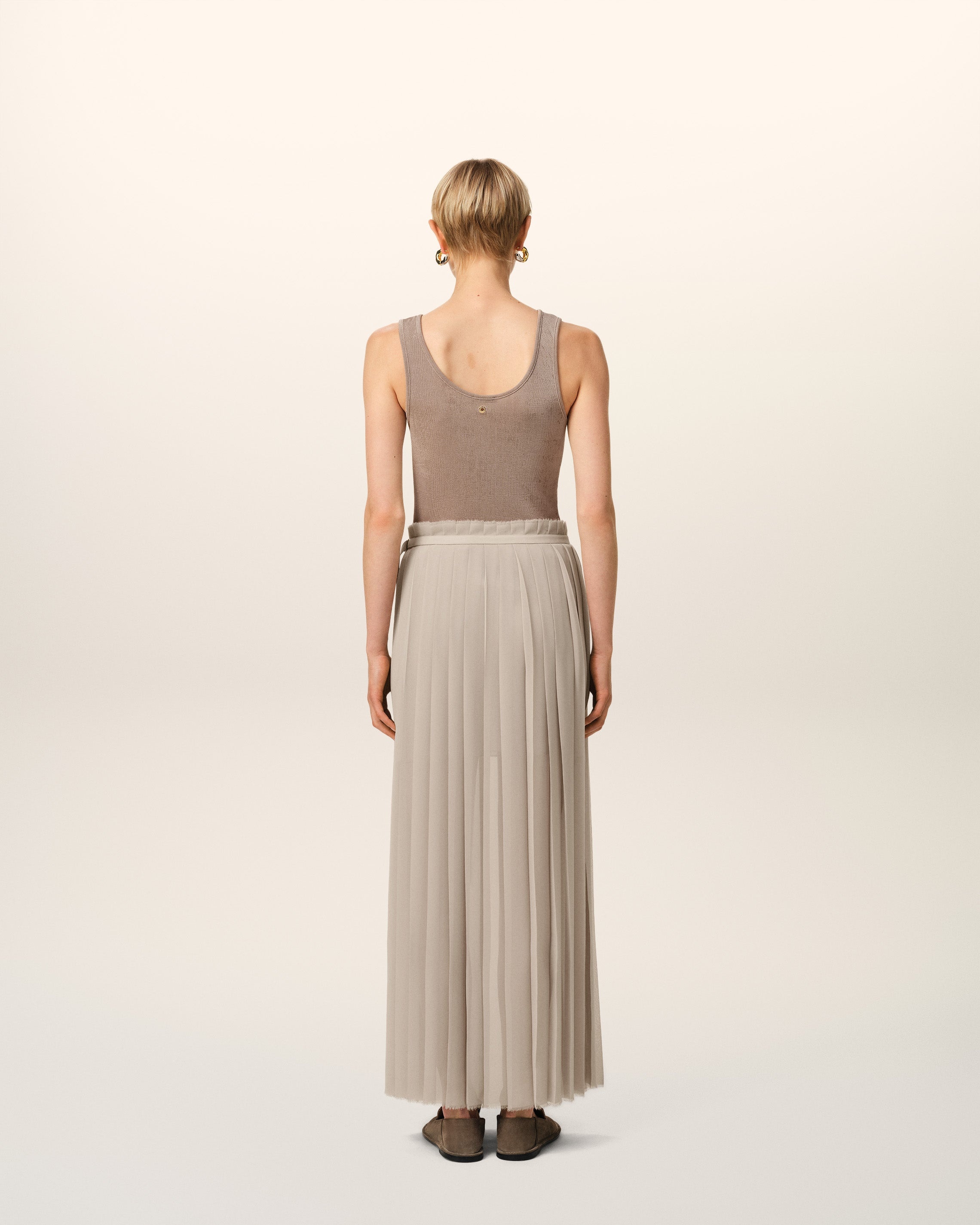BEIGE LONG PLEATED SKIRT - 4