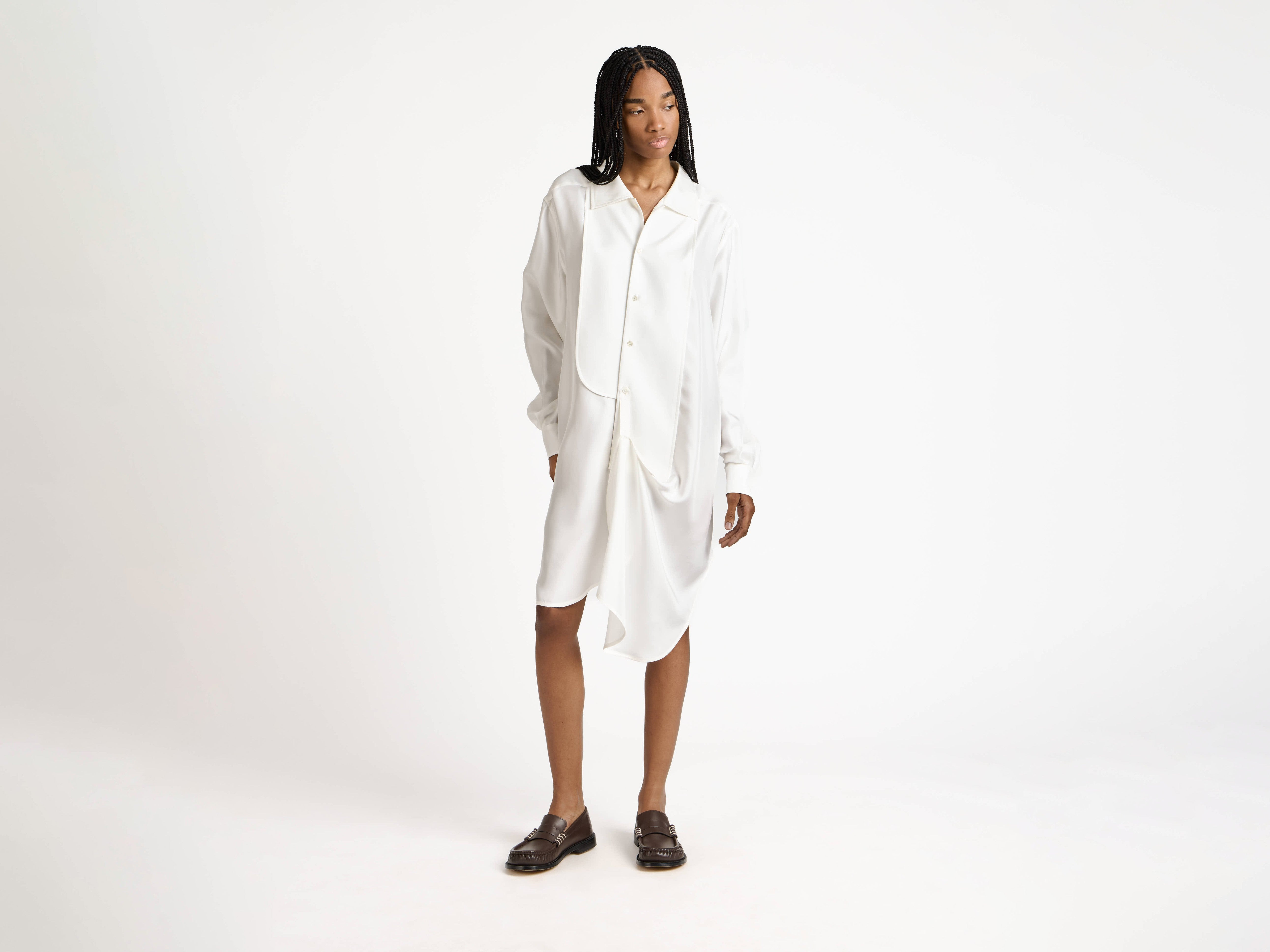 WOMENS TUXEDO DRAPE SILK DRESS IN OFF-WHITE - 5