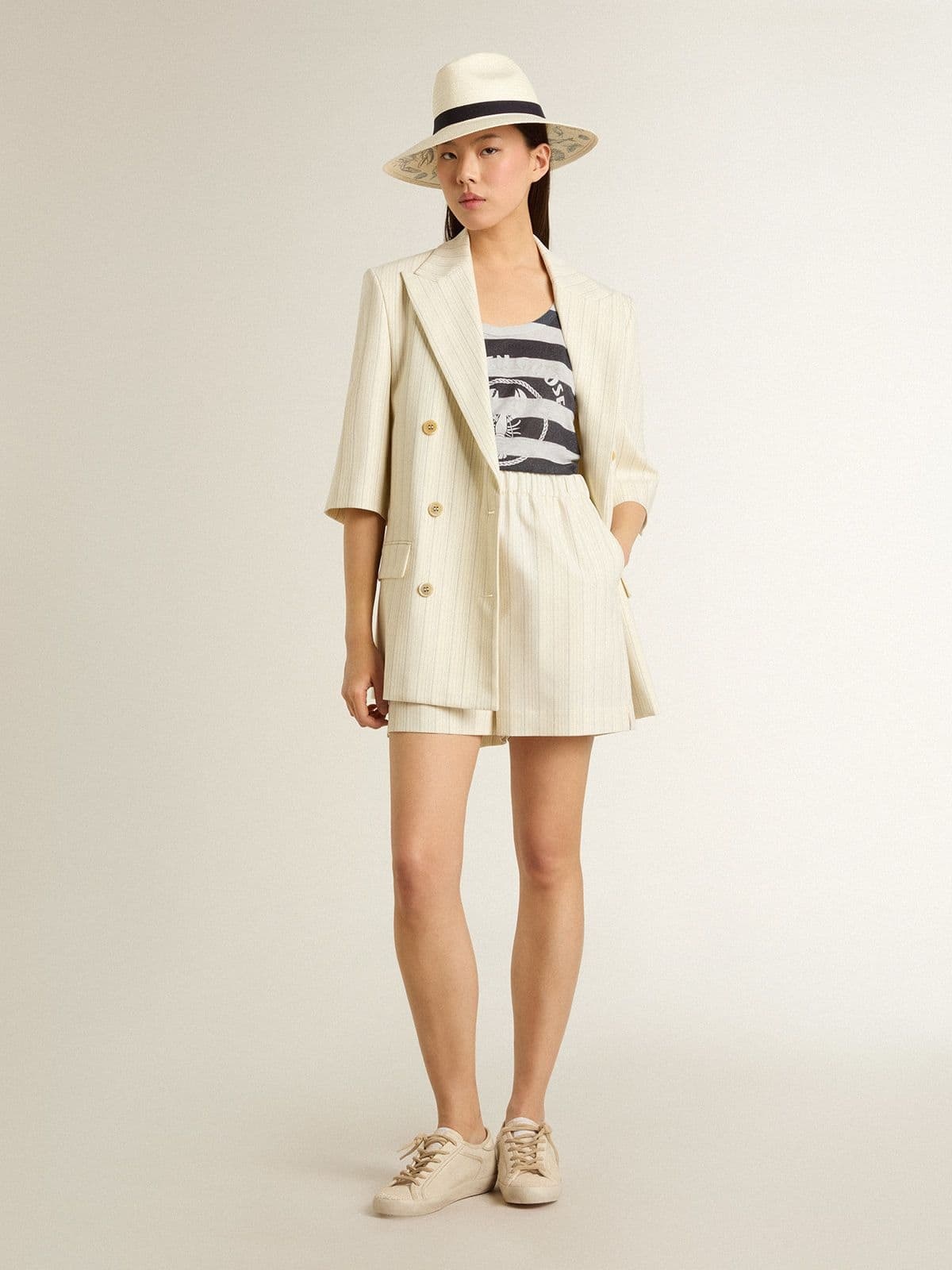 Women's blazer in white and gray pinstripe wool blend with short sleeves - 3