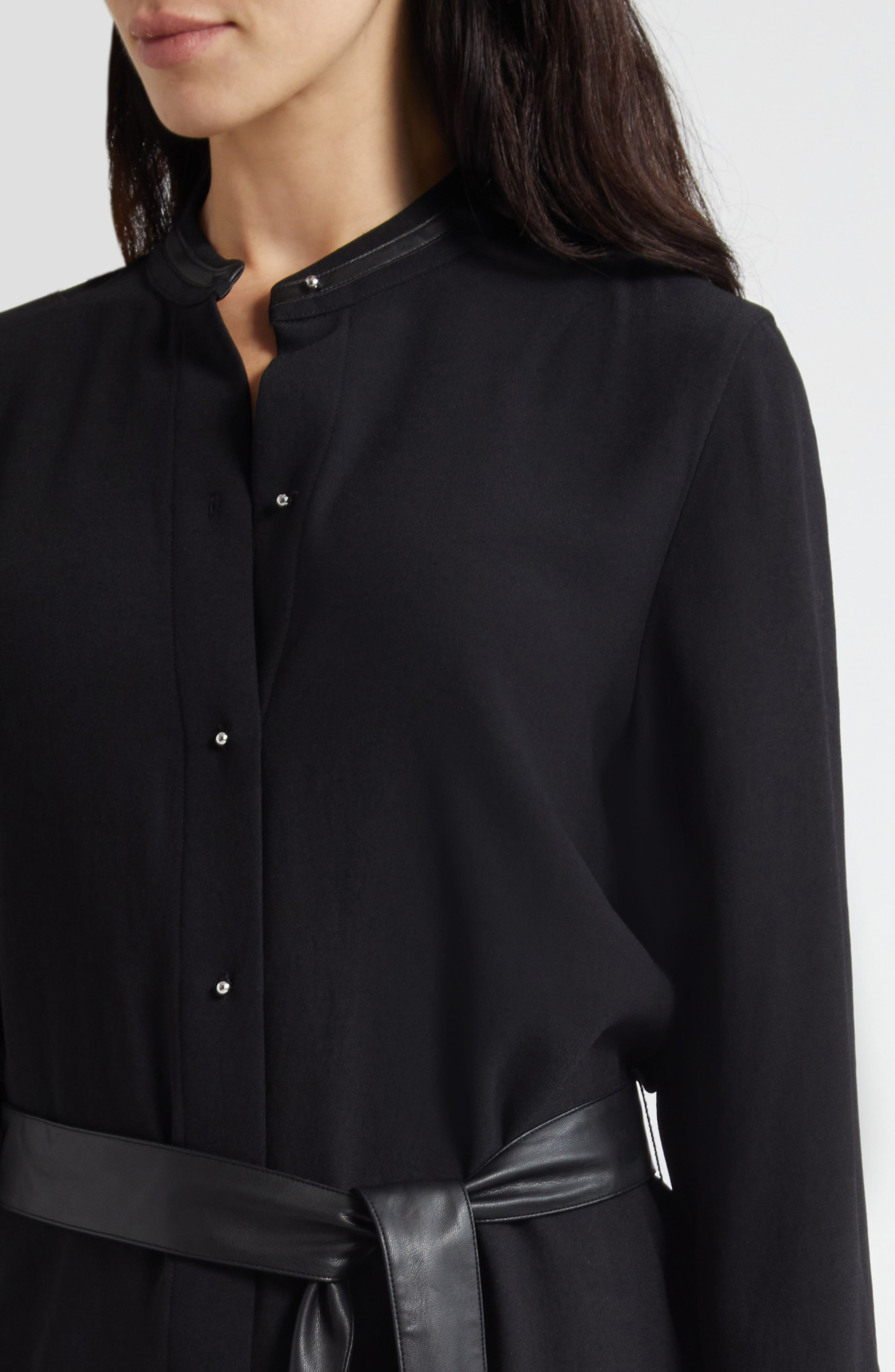 Vince Faux Leather Trim Long Sleeve Shirtdress in Black at Nordstrom - 4