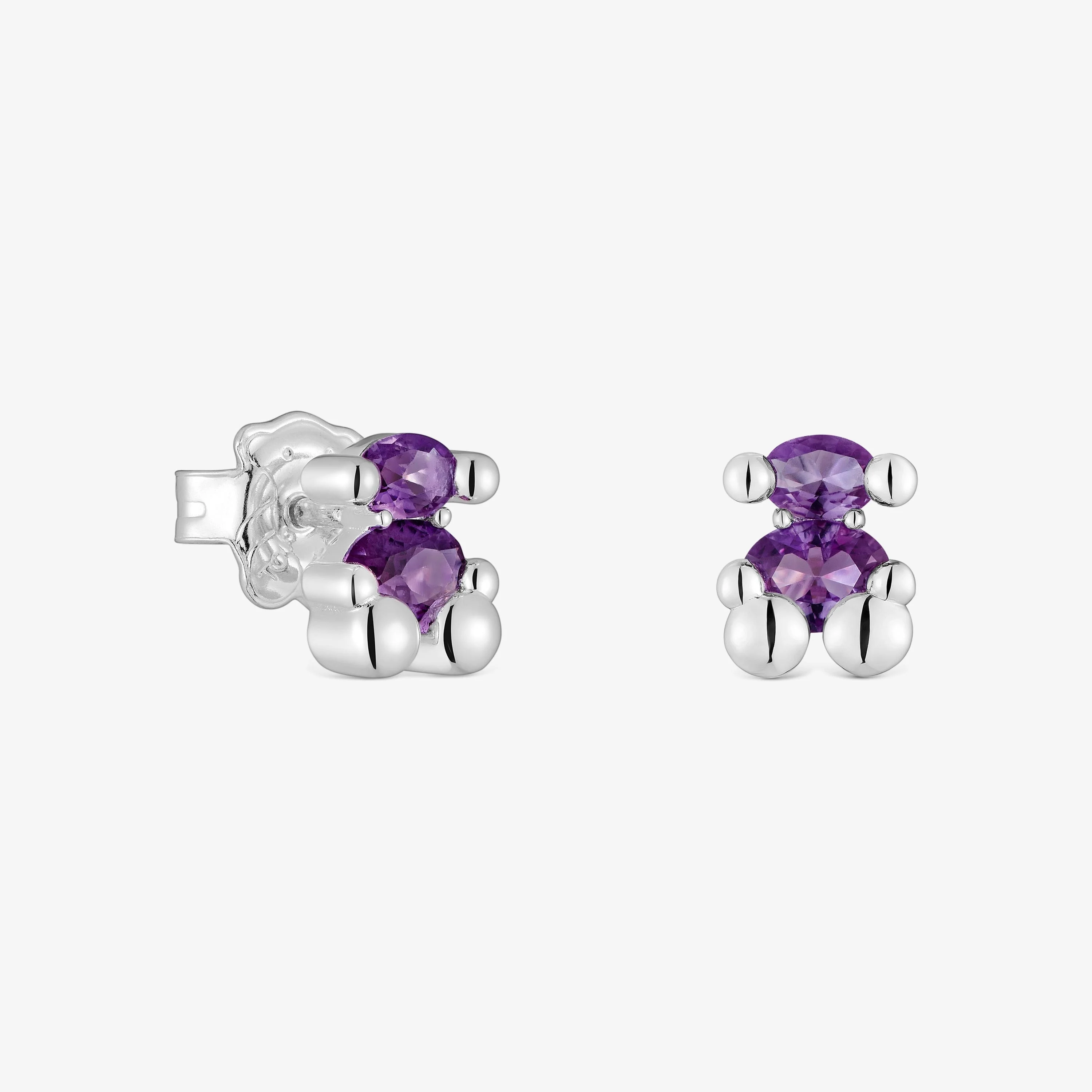 8 mm silver bear motif Earrings with lab-grown lilac sapphire Color Bear LGG - 1