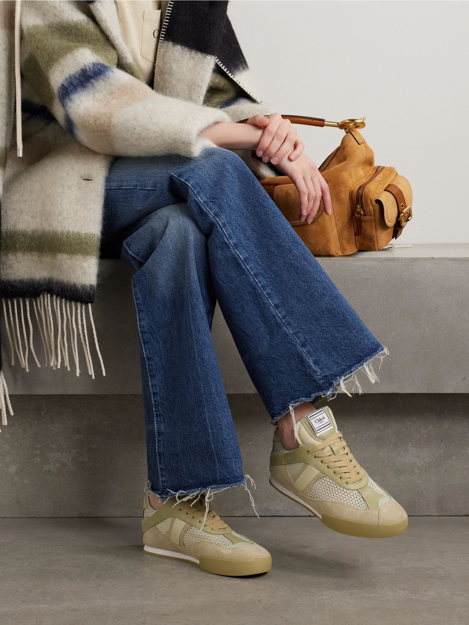 Kick leather and suede-trimmed mesh sneakers Army green - 2