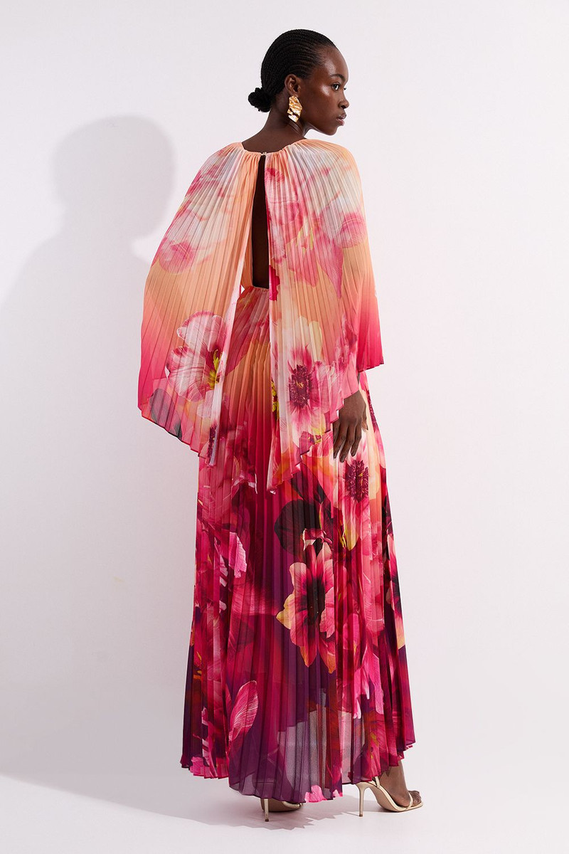 Ombre Floral Soft Pleated Woven Maxi With Cape Detail 5