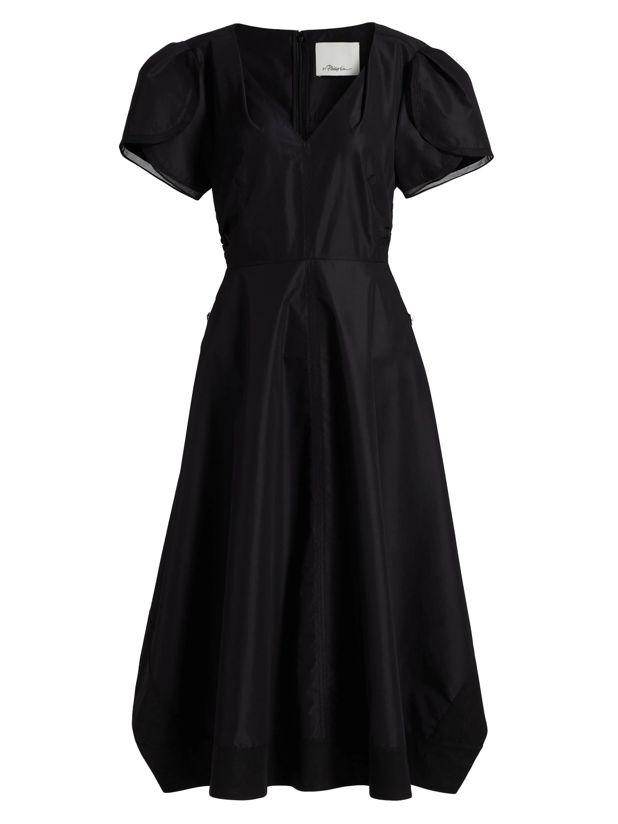 Women's Soft Tulip Sleeve V-Neck Midi-Dress - Black - 1