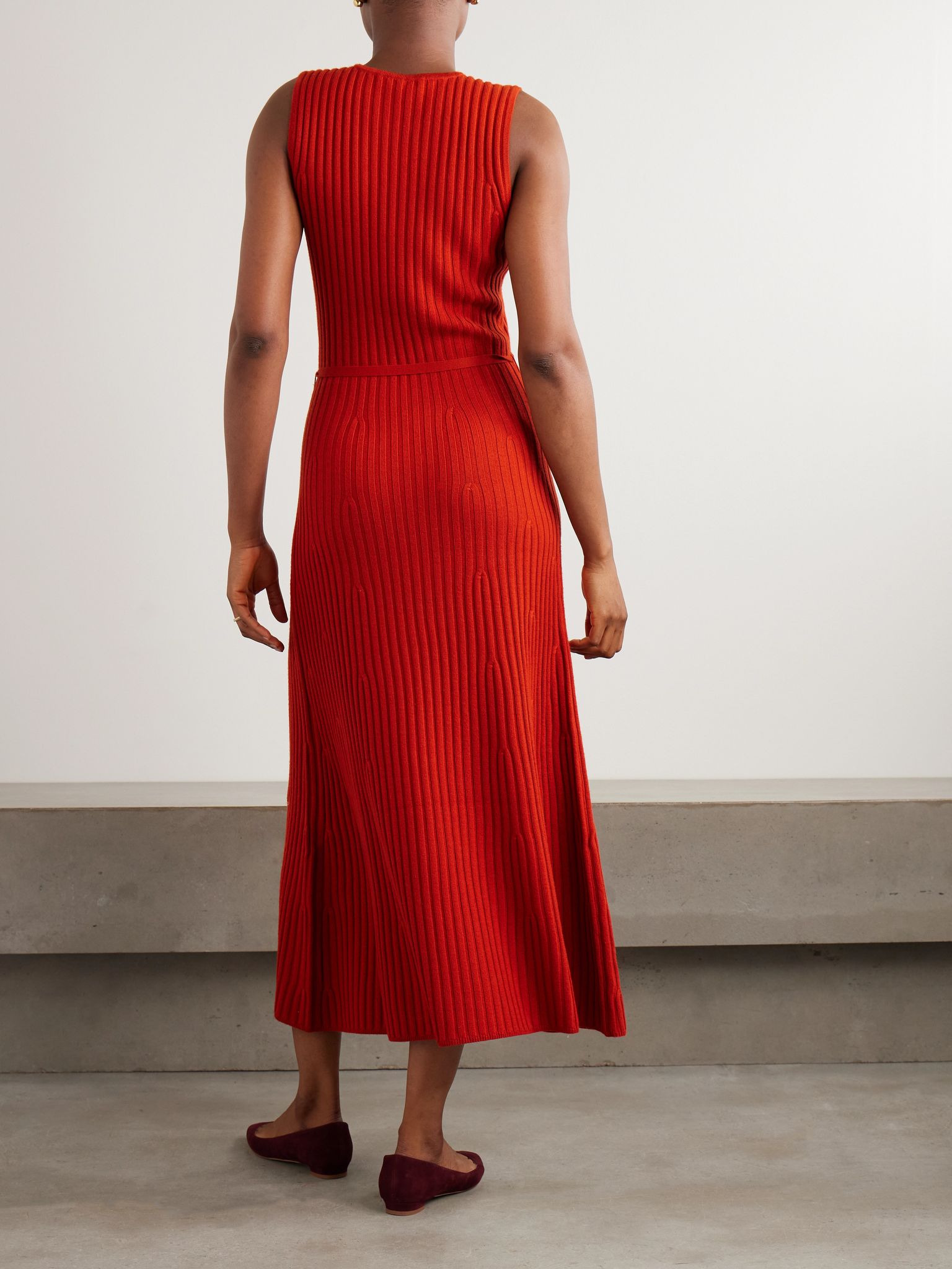 Meier belted ribbed wool and cashmere-blend midi dress Tomato red - 3