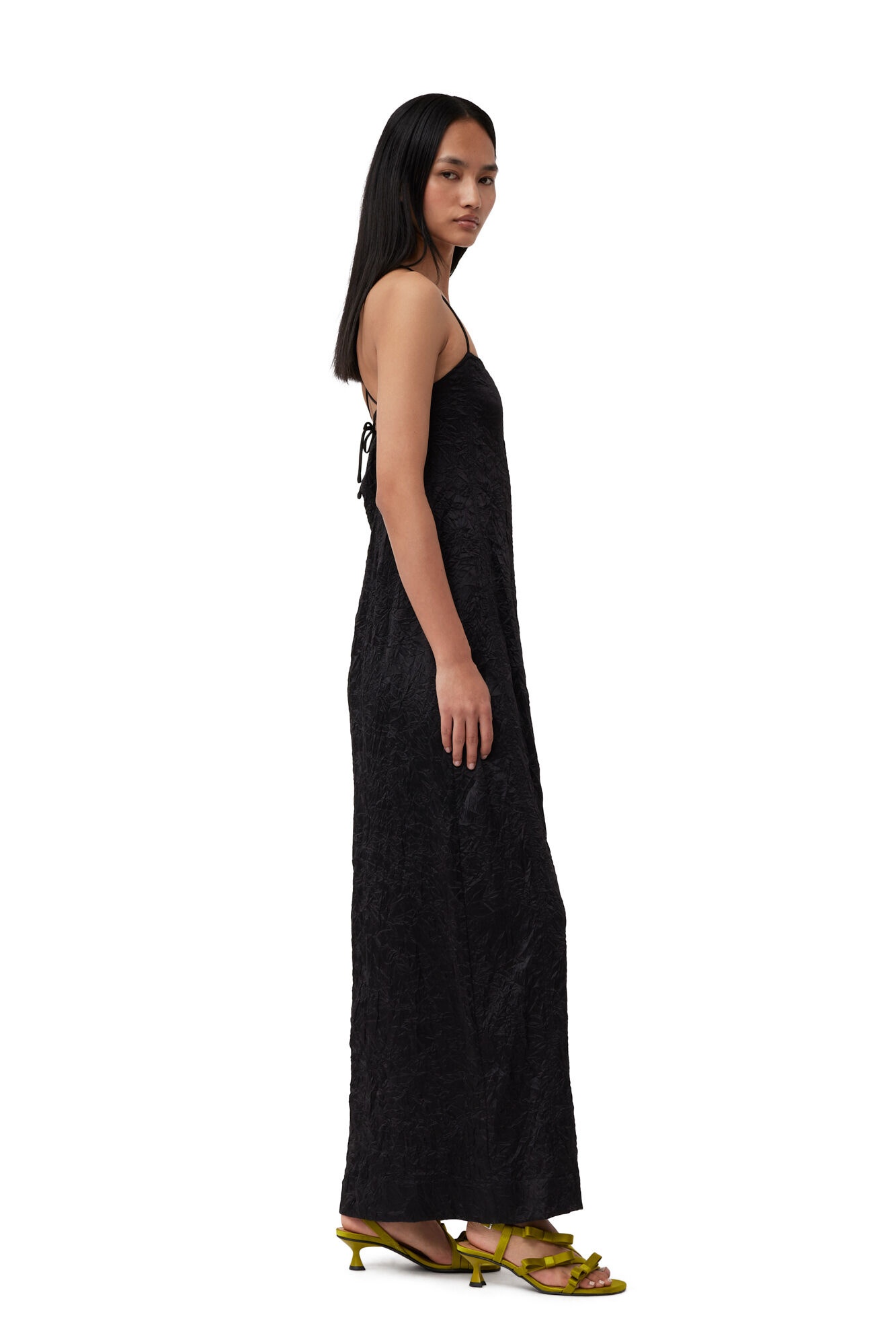 BLACK CRINKLED SATIN MIDI SLIP DRESS - 4