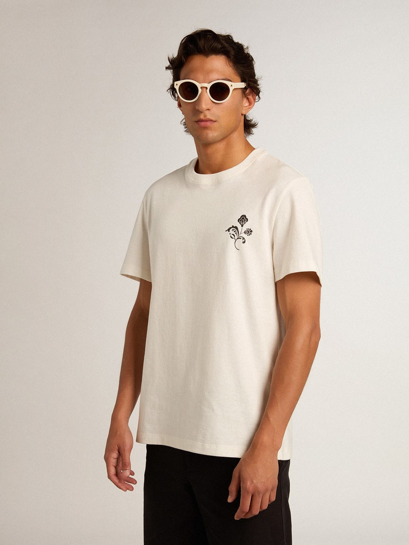 White cotton T-shirt with flower print on the front 2