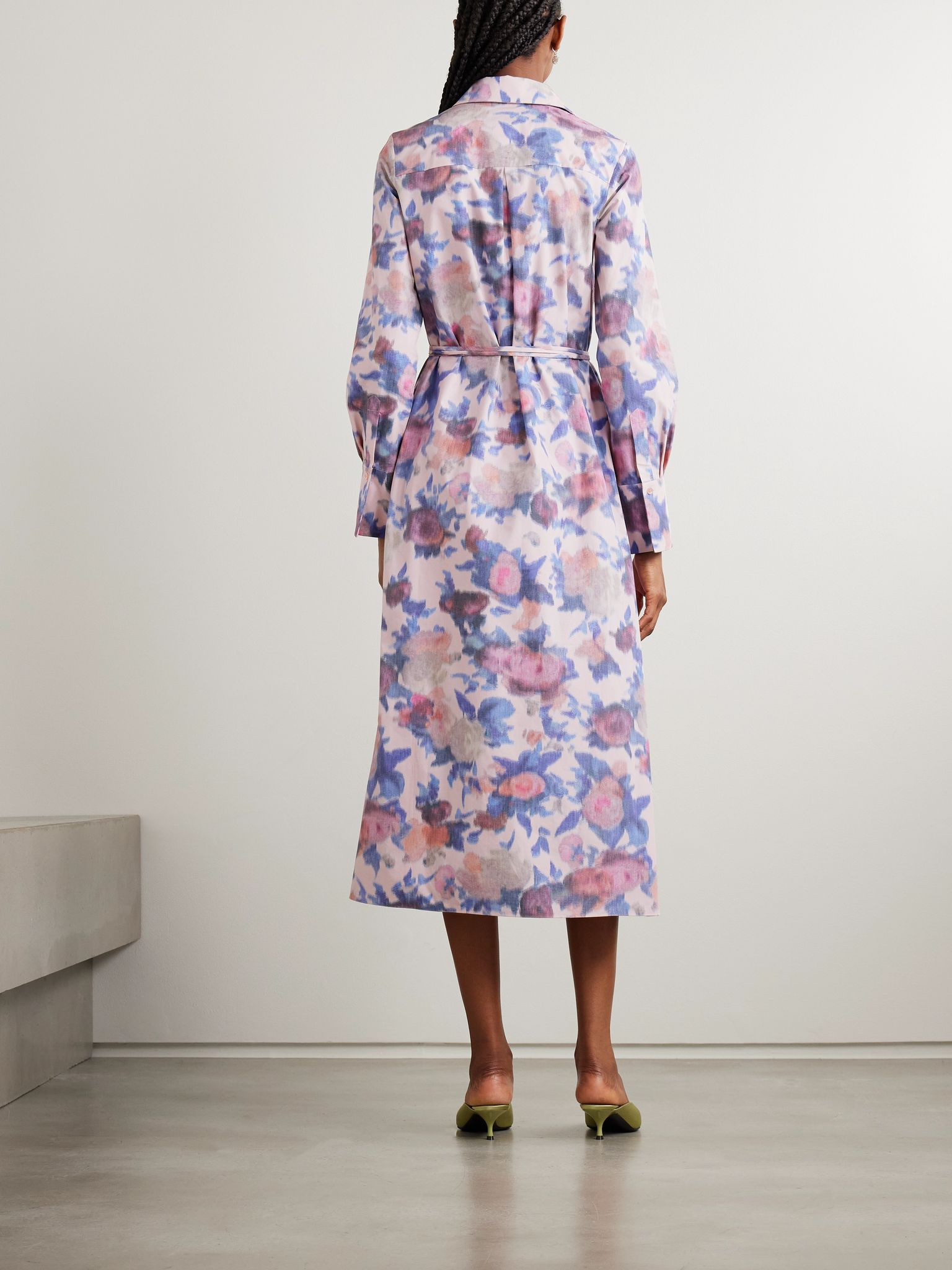 Belted floral-print cotton-poplin midi shirt dress Pink - 3
