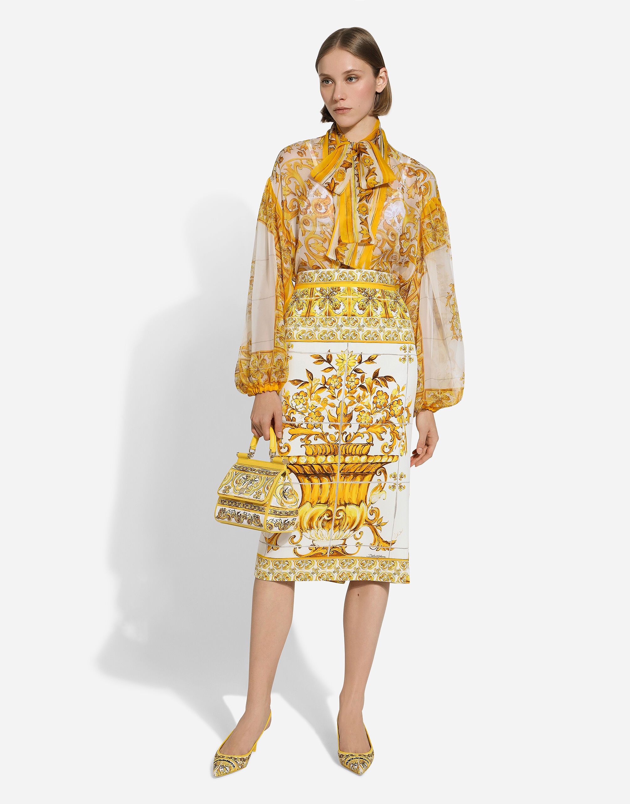 Majolica-print silk charmeuse calf-length skirt - 7