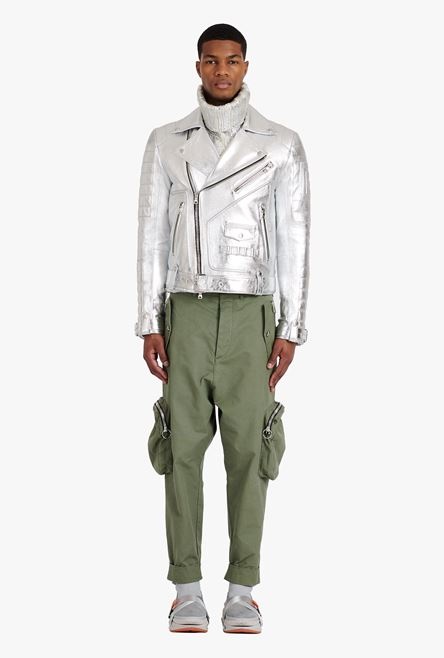 Silvery quilted leather biker jacket - 4