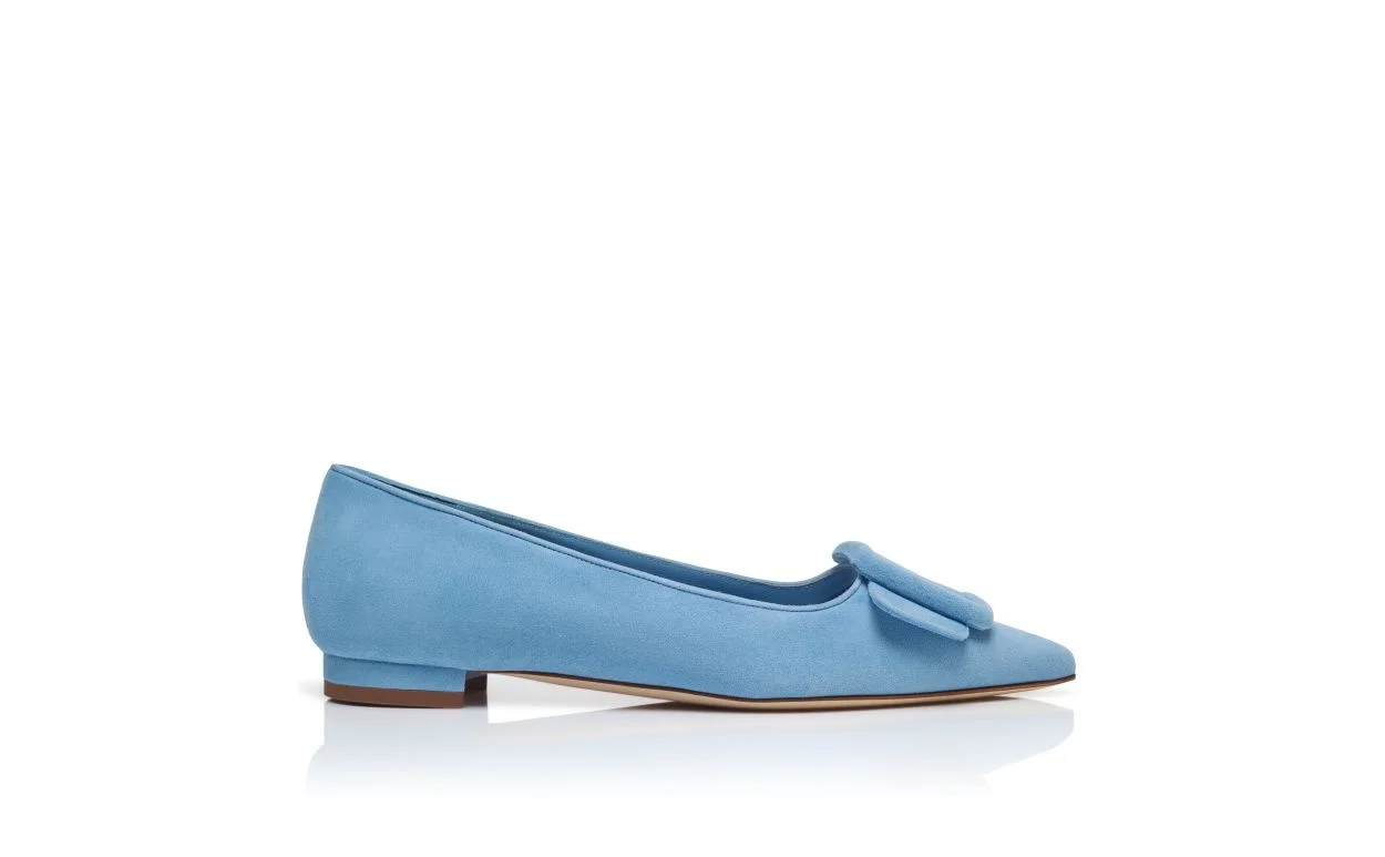 Light Blue Suede Buckle Detail Flat Pumps - 1