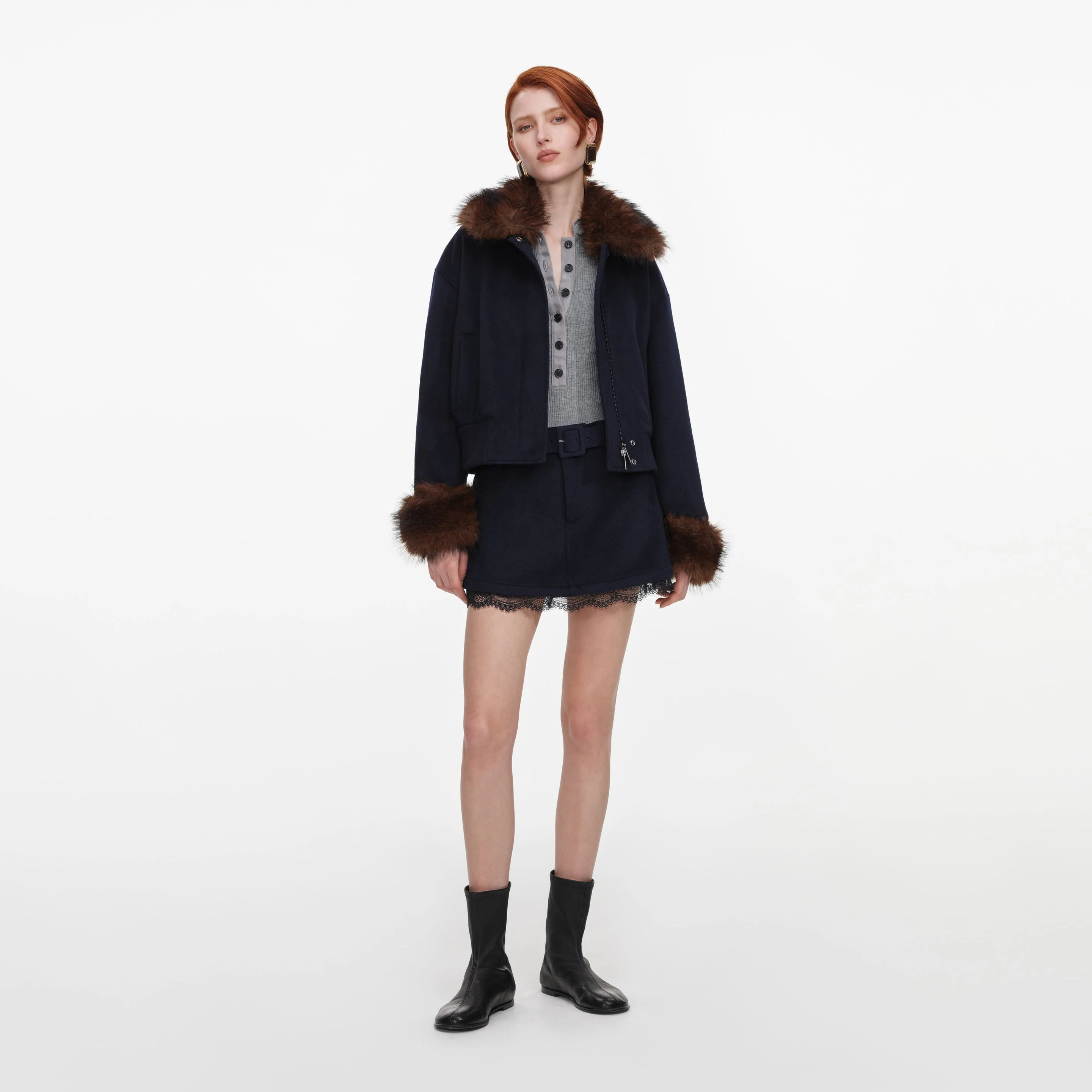 Navy Wool Fur Trim Jacket - 1