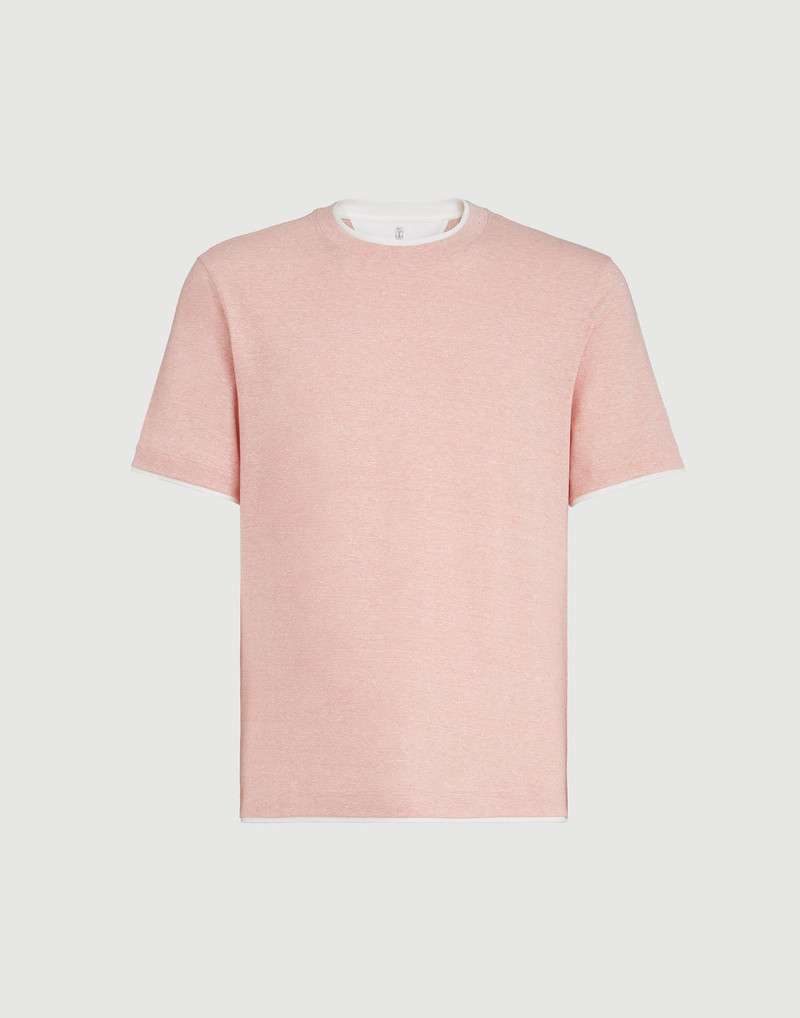 Linen and cotton jersey crew neck T-shirt with faux-layering 1
