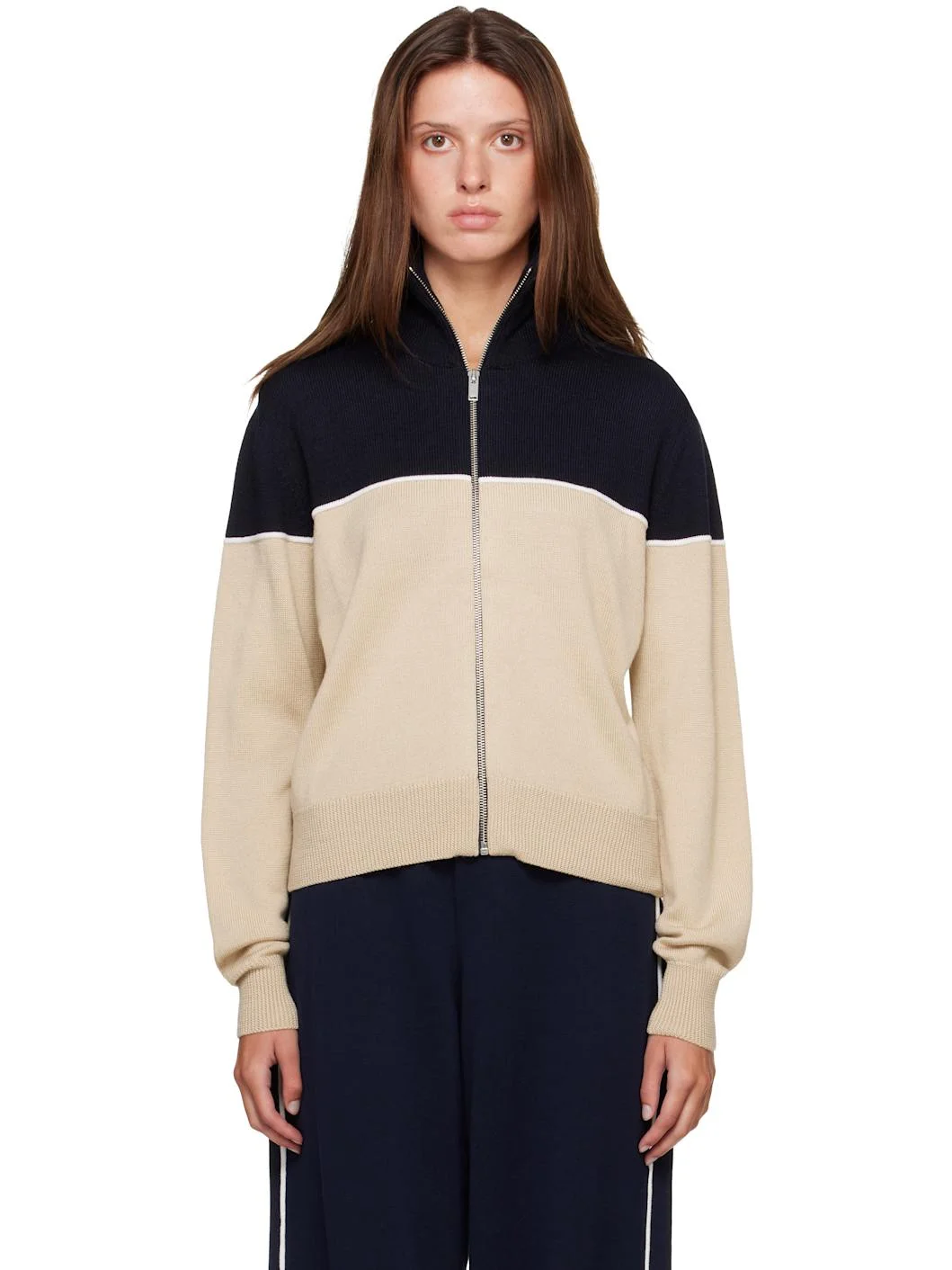 Off-White & Navy Extrafine Merino Wool Sporty Cardigan - 1