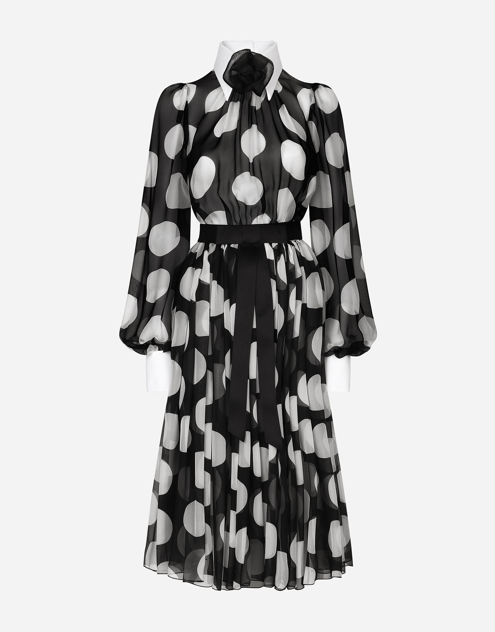 Polka-dot chiffon calf-length dress with piqué details - 1