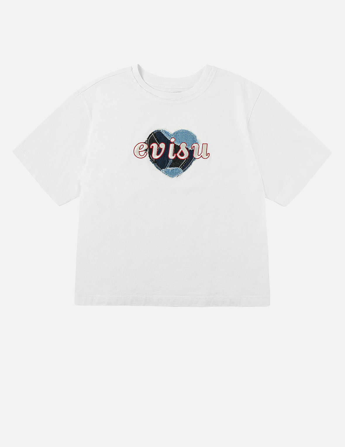Denim Patchwork Heart and Logo Embroidery Drop Shoulder T-Shirt - 3