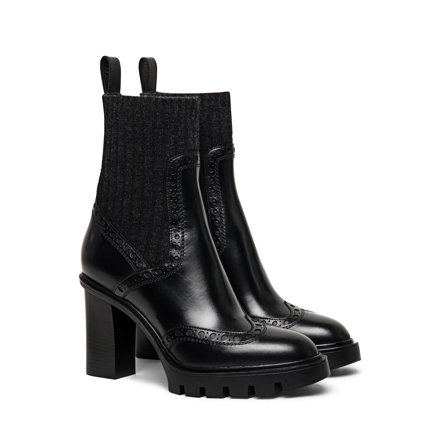 Women’s black leather mid-heel brogue sock boot - 2