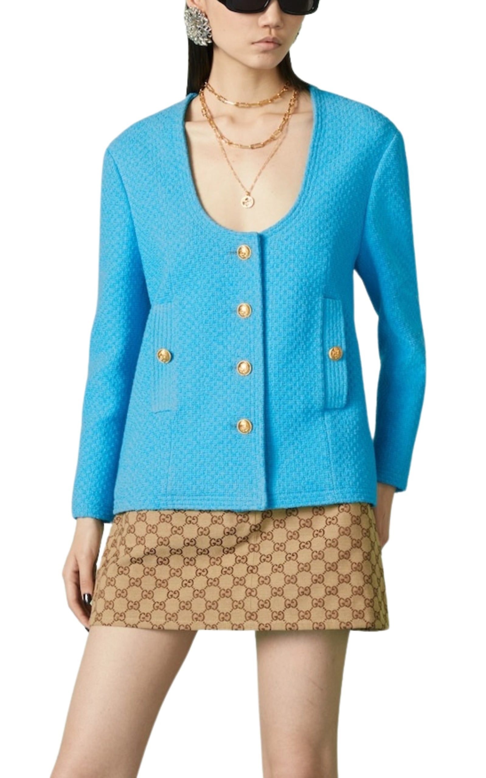 Blue Turquoise Cotton Tweed Jacket - 3