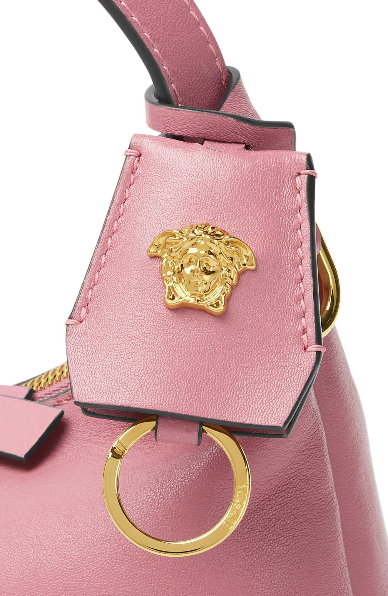 Versace Small Logo Leather Hobo Bag in English Rose Versace Gold at Nordstrom - 3