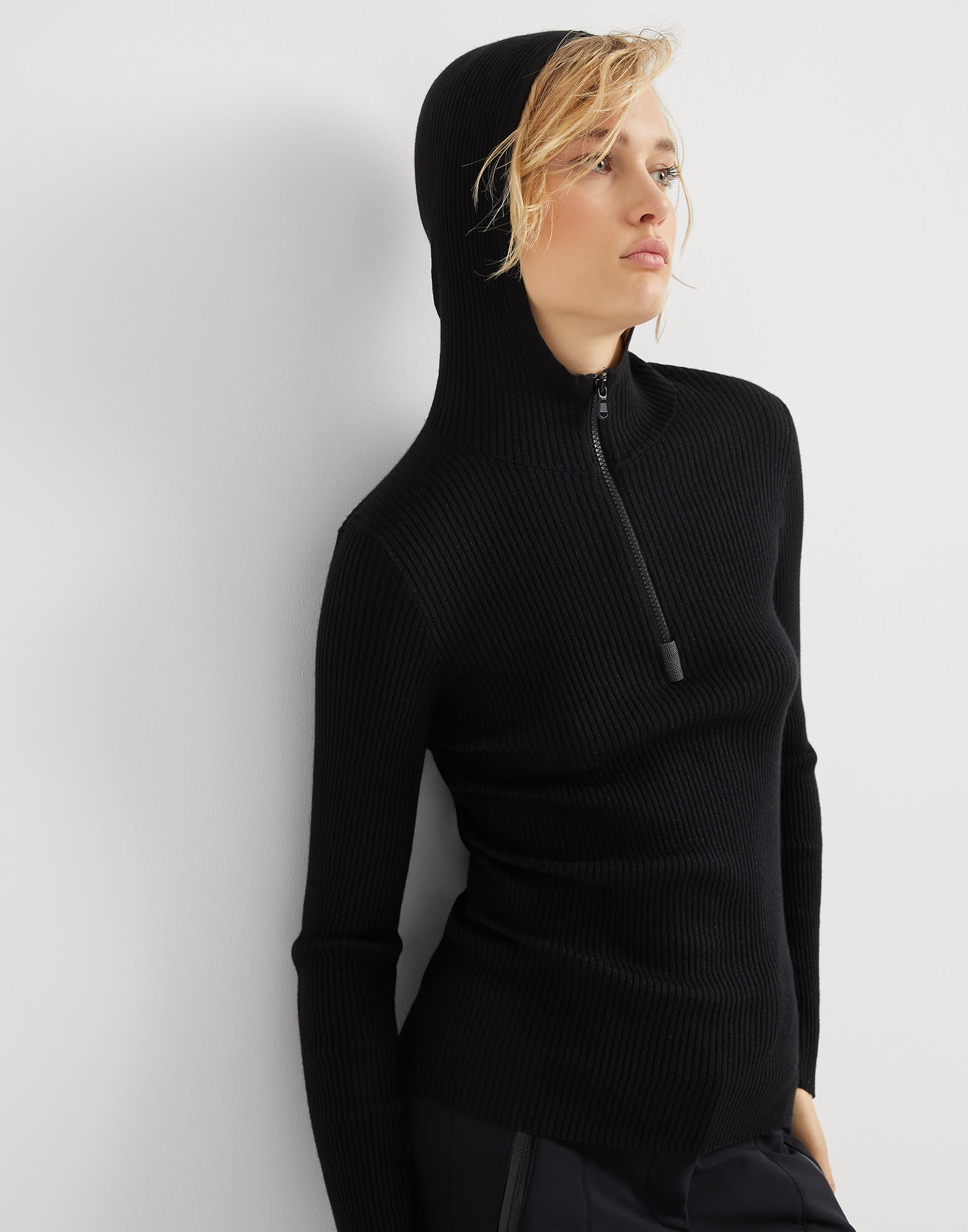Sparkling cashmere and silk lightweight rib knit hooded sweater with shiny detail - 4