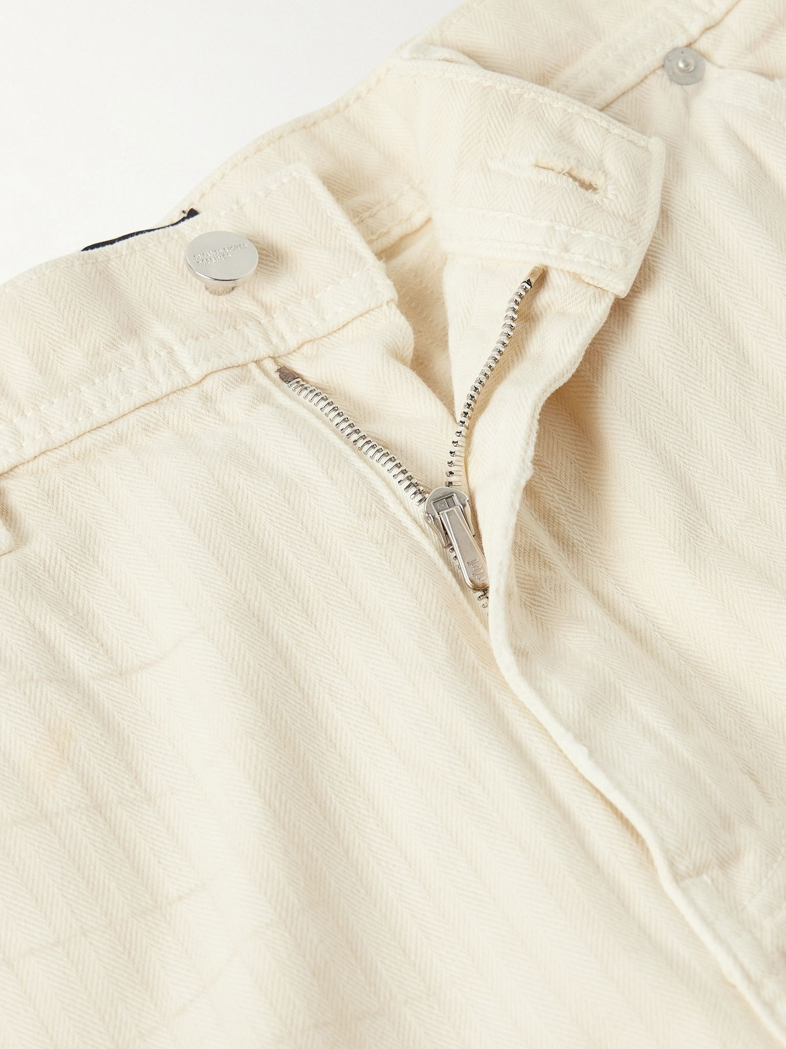 Straight-Leg Distressed Panelled Herringbone Denim Trousers Cream - 6