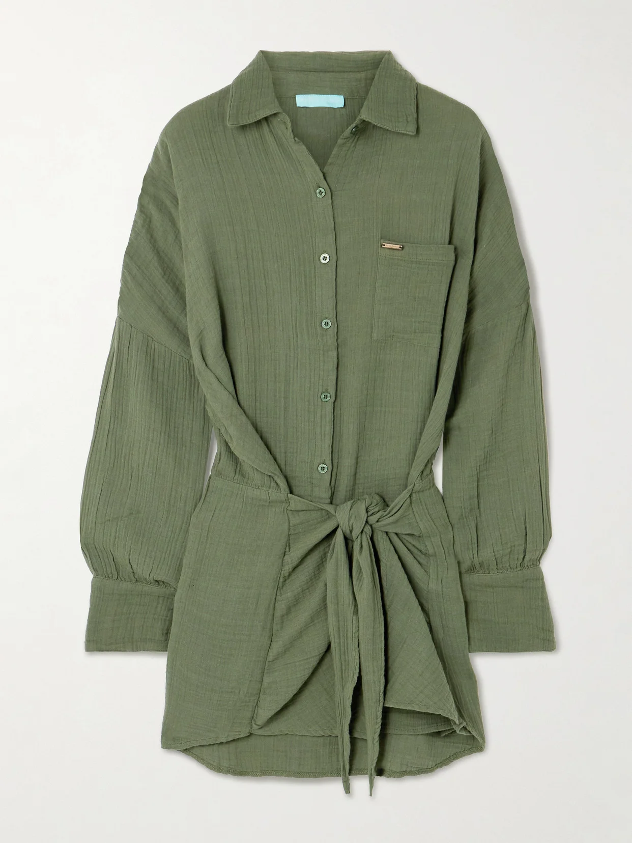 Sara Tie-front Crinkled Cotton-gauze Mini Shirt Dress - 1