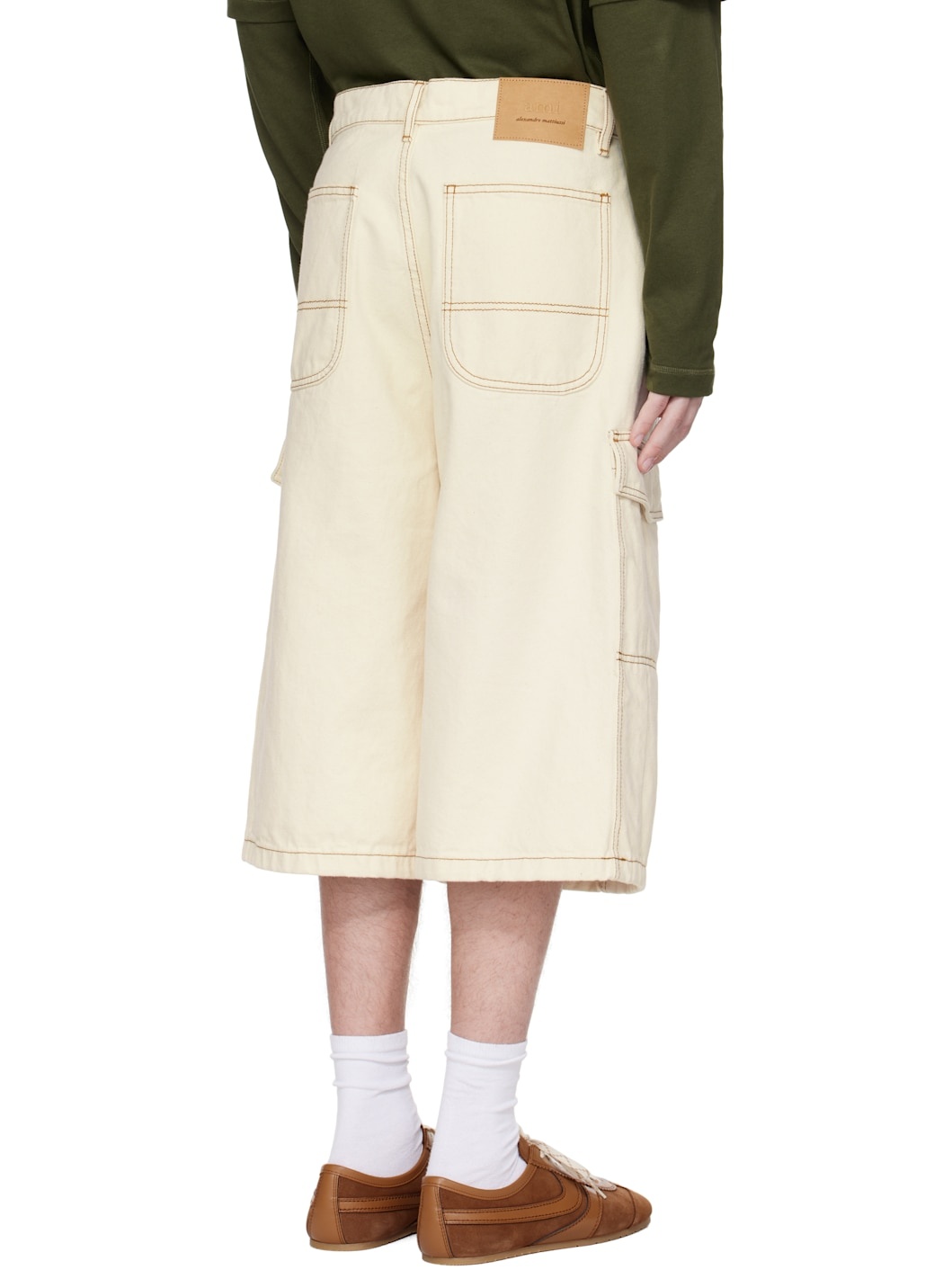 Beige Cotton Wide Fit Bermuda Cargo Shorts - 3