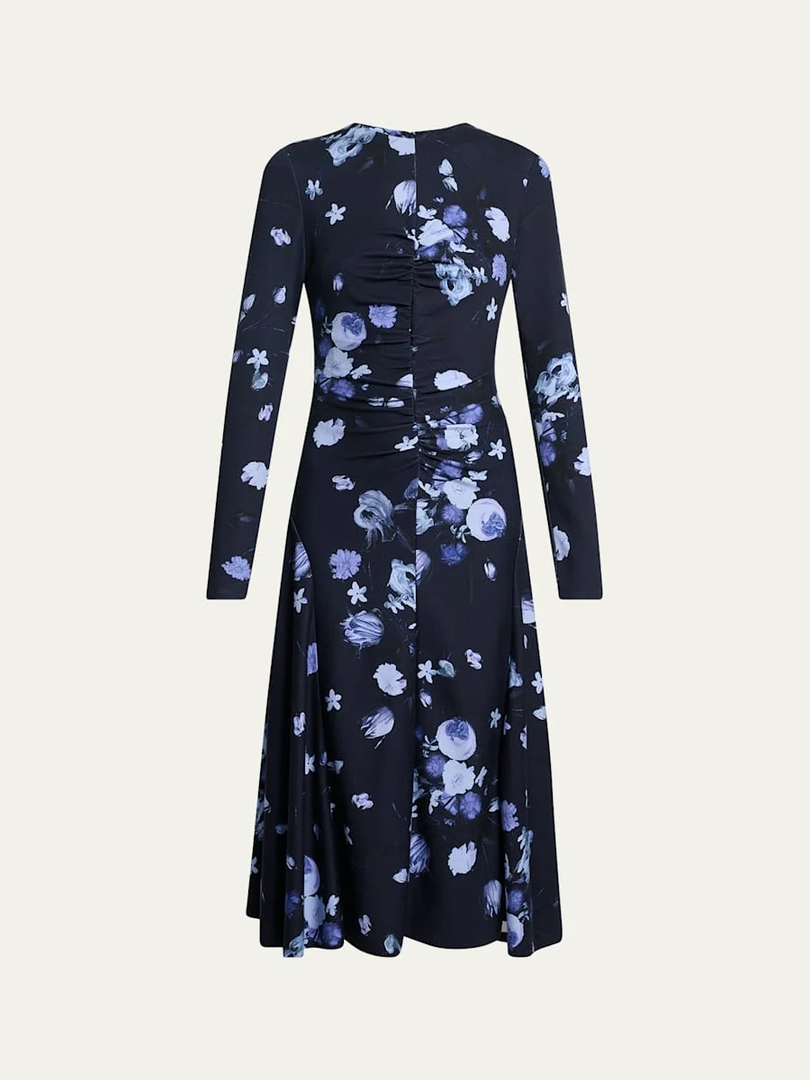 Floral Gathered Long-Sleeve Midi Dress - 1