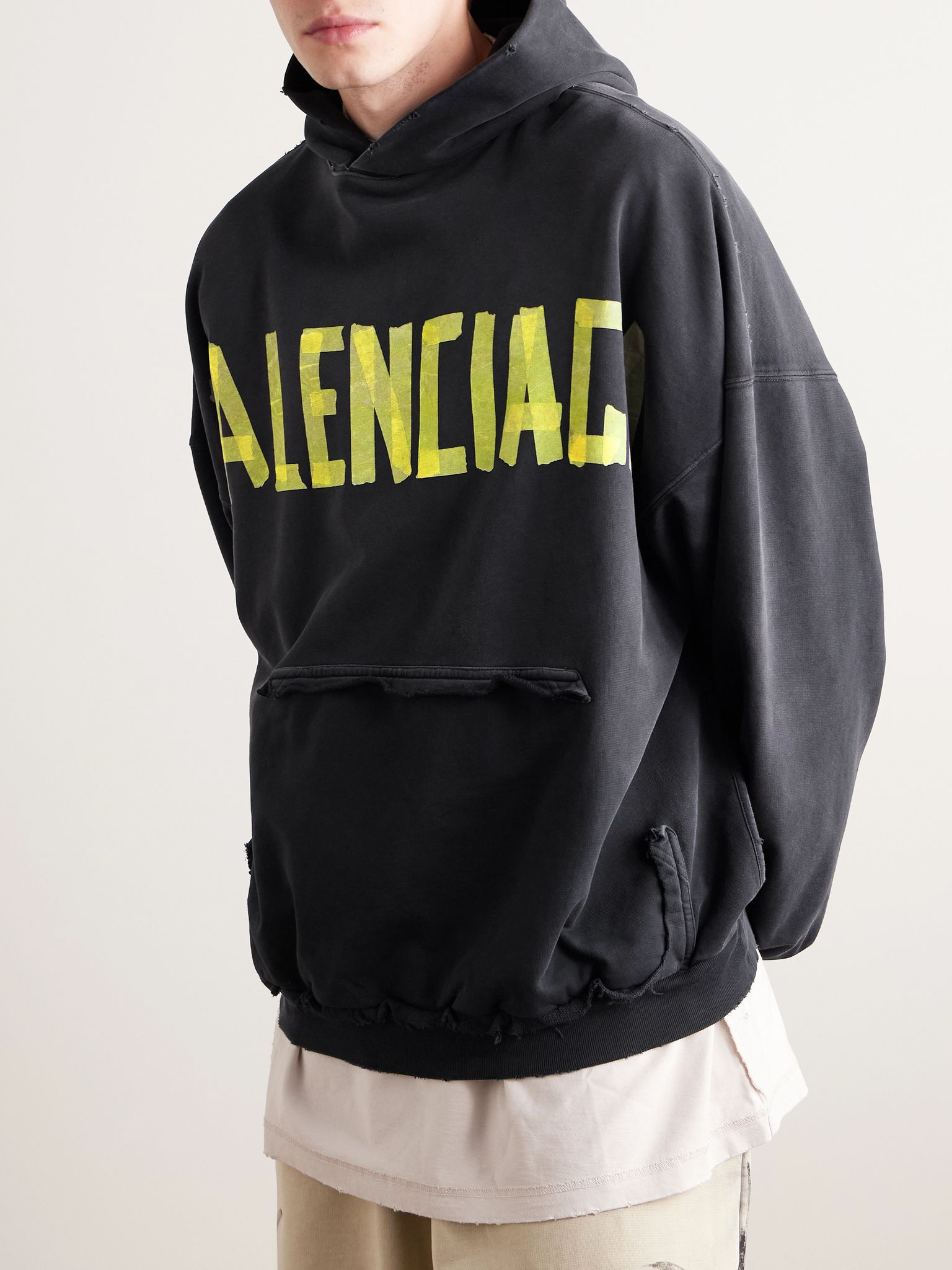 Tape Type Oversized Distressed Logo-Print Cotton-Jersey Hoodie Black - 3