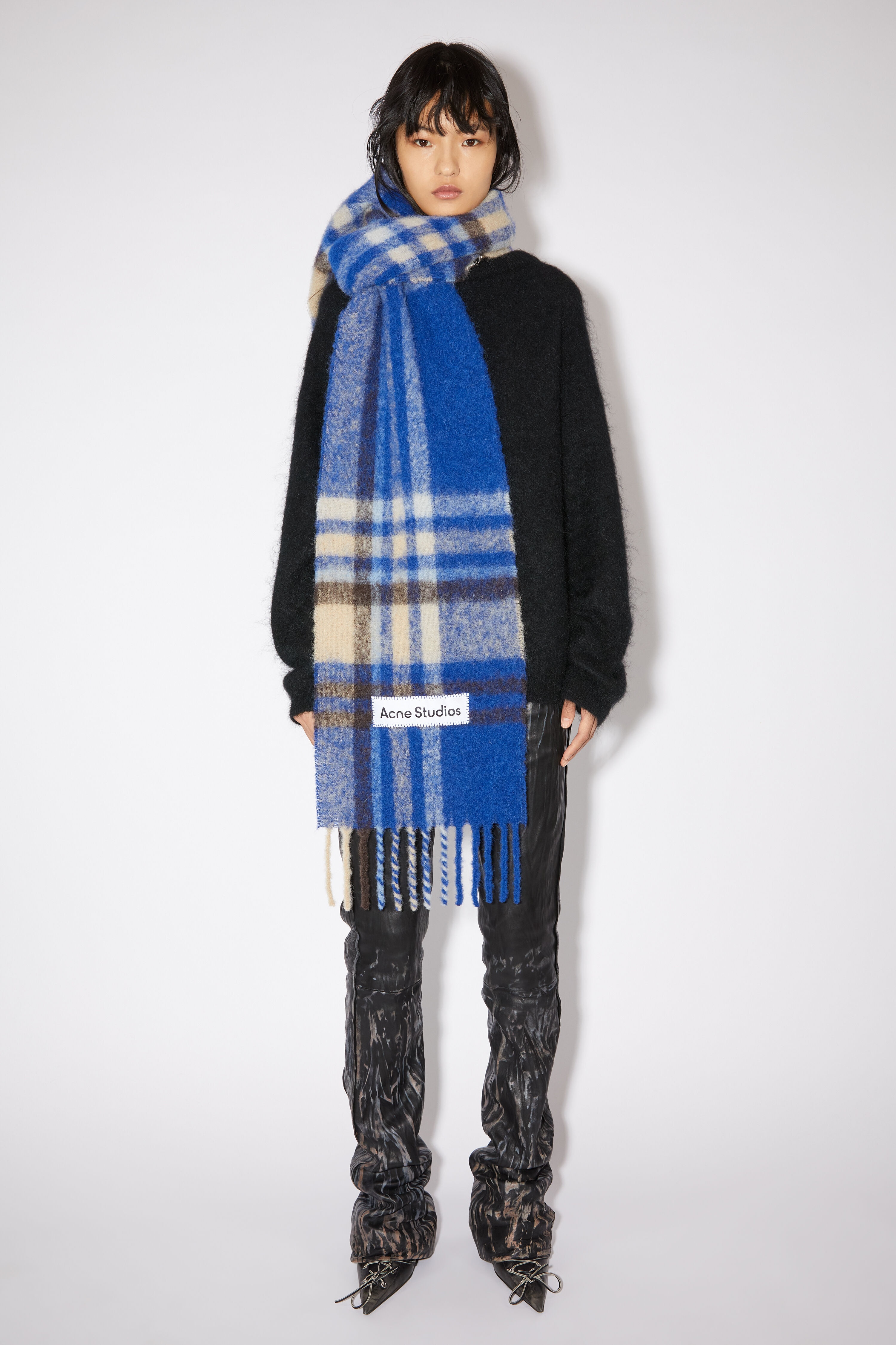 Mohair tartan scarf - Electric blue/beige - 2