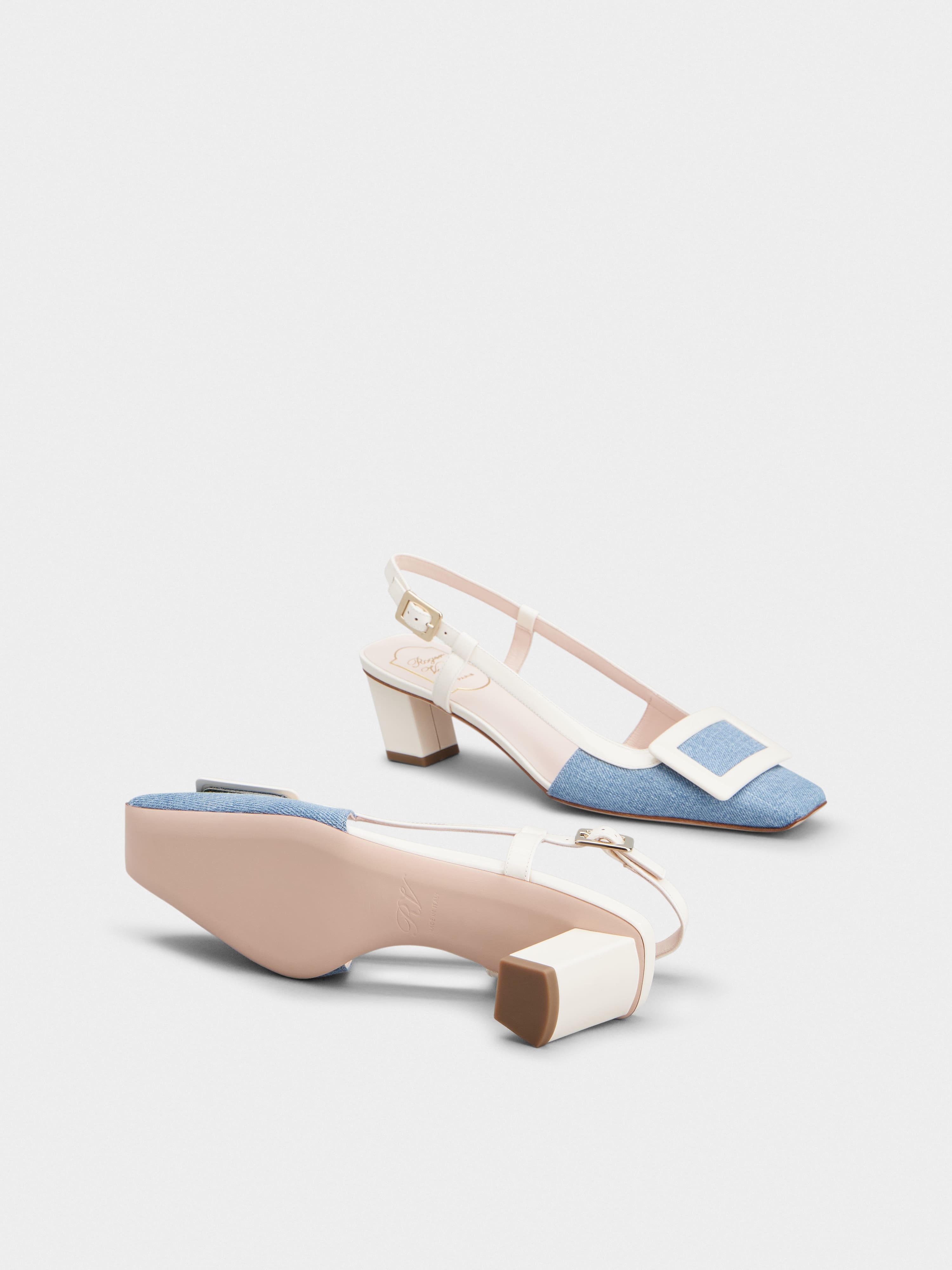 Belle Vivier Lacquered Buckle Slingback Pumps in Denim - 6
