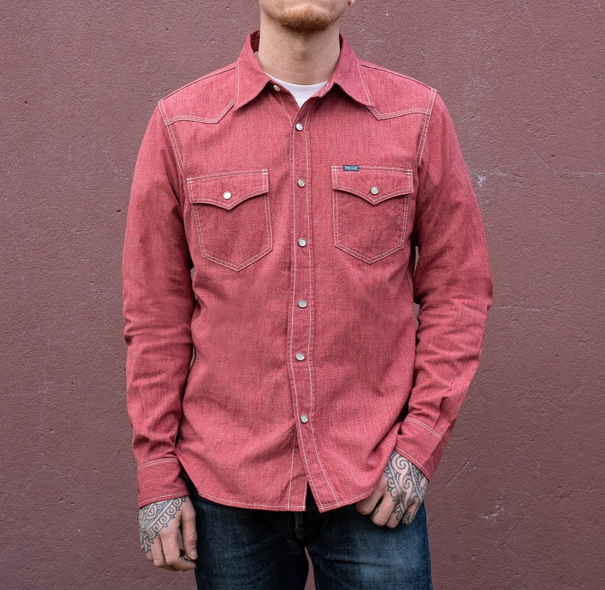 IHSH-289-RED 10oz Mock Twist Selvedge Chambray Western Shirt - Red 'The Salt and Cayenne' - 4