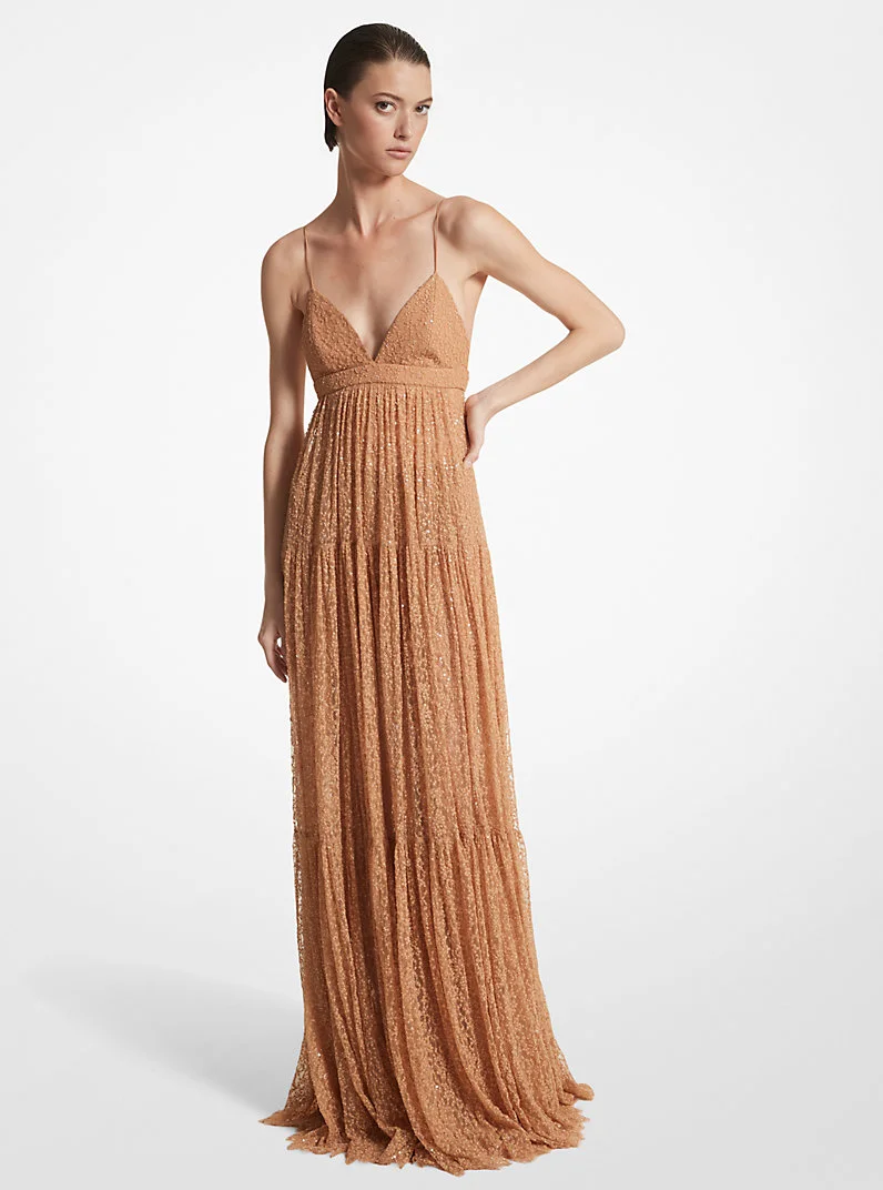 Hand-Embroidered Sequin Chantilly Lace Slip Gown - 1