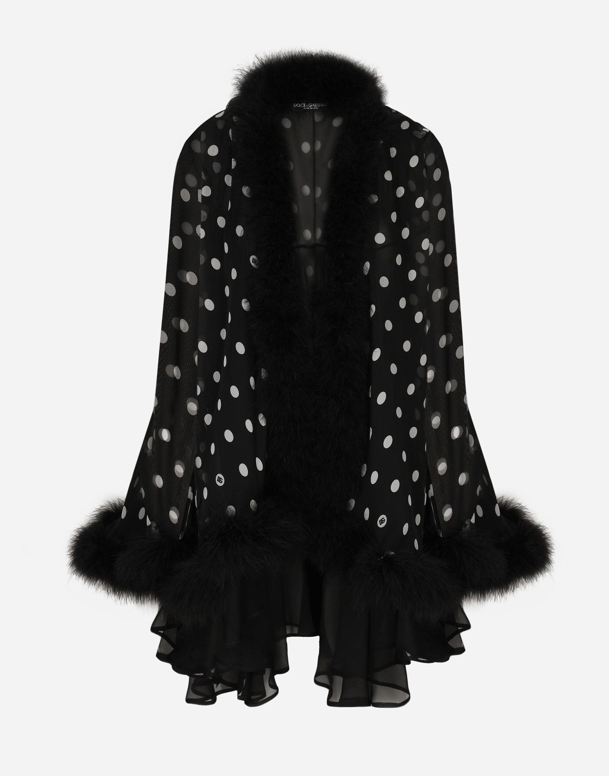 Chiffon cape with polka-dot print and marabou trim - 1