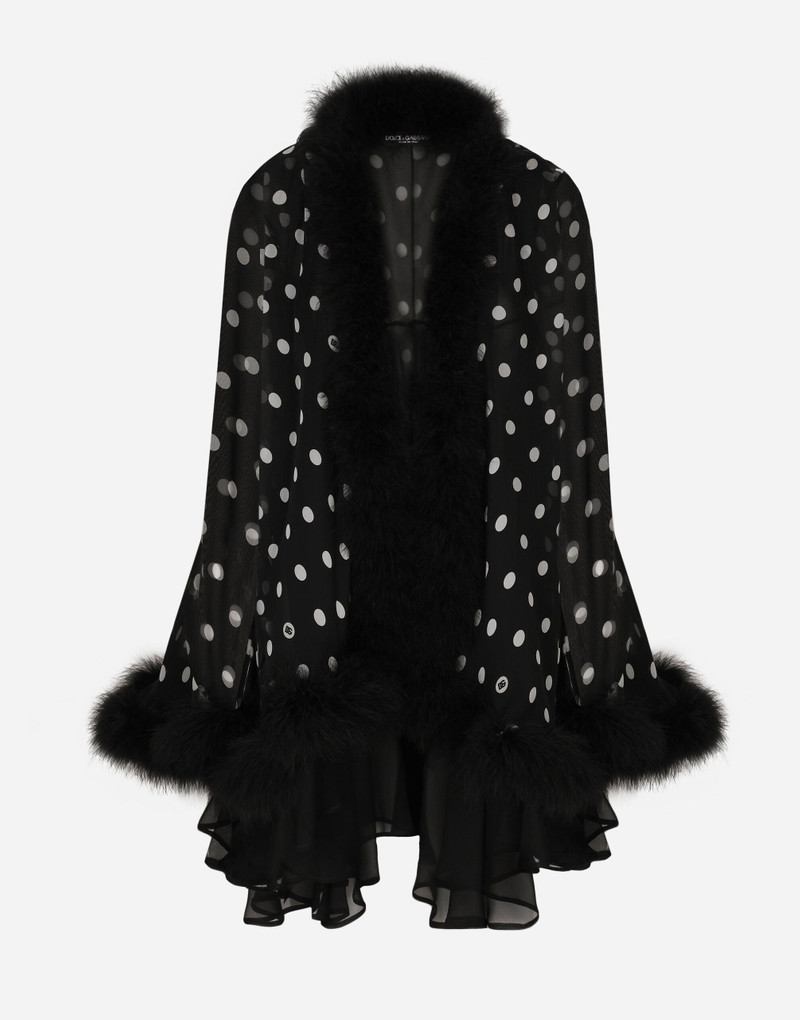 Chiffon cape with polka-dot print and marabou trim 1