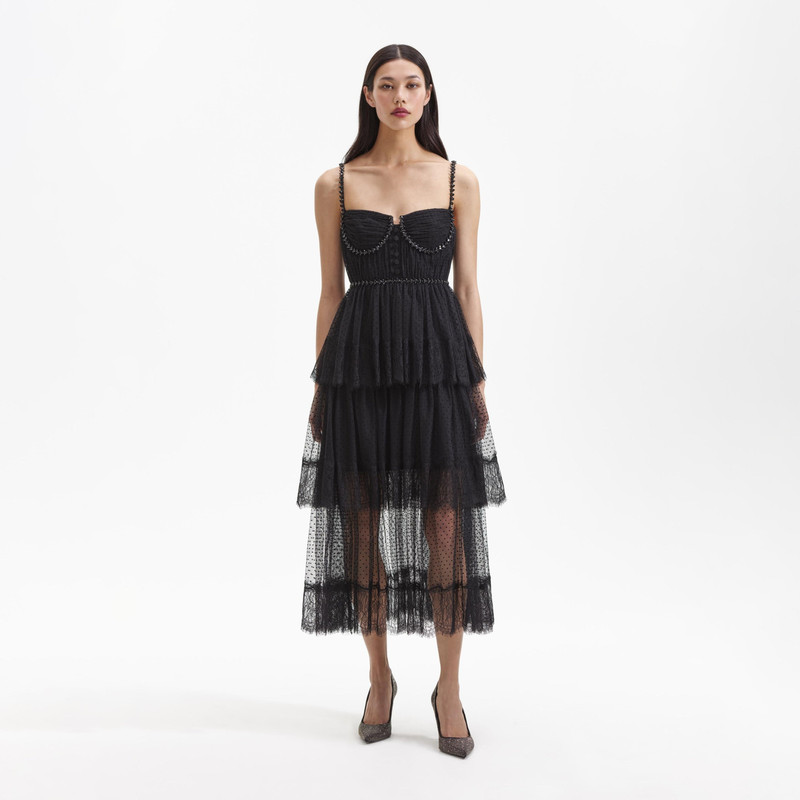 Black Dot Mesh Tier Midi Dress 1