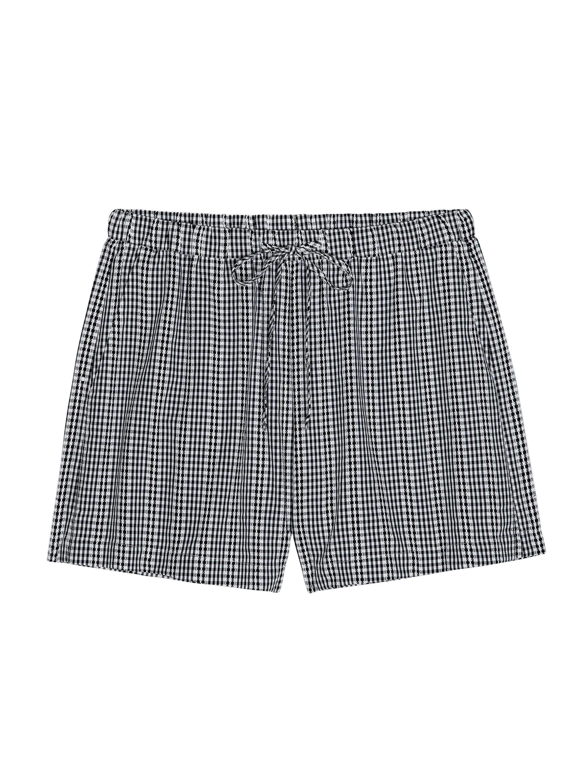 Women's Embroidered Cotton Drawstring Shorts - Black Gingham - 1