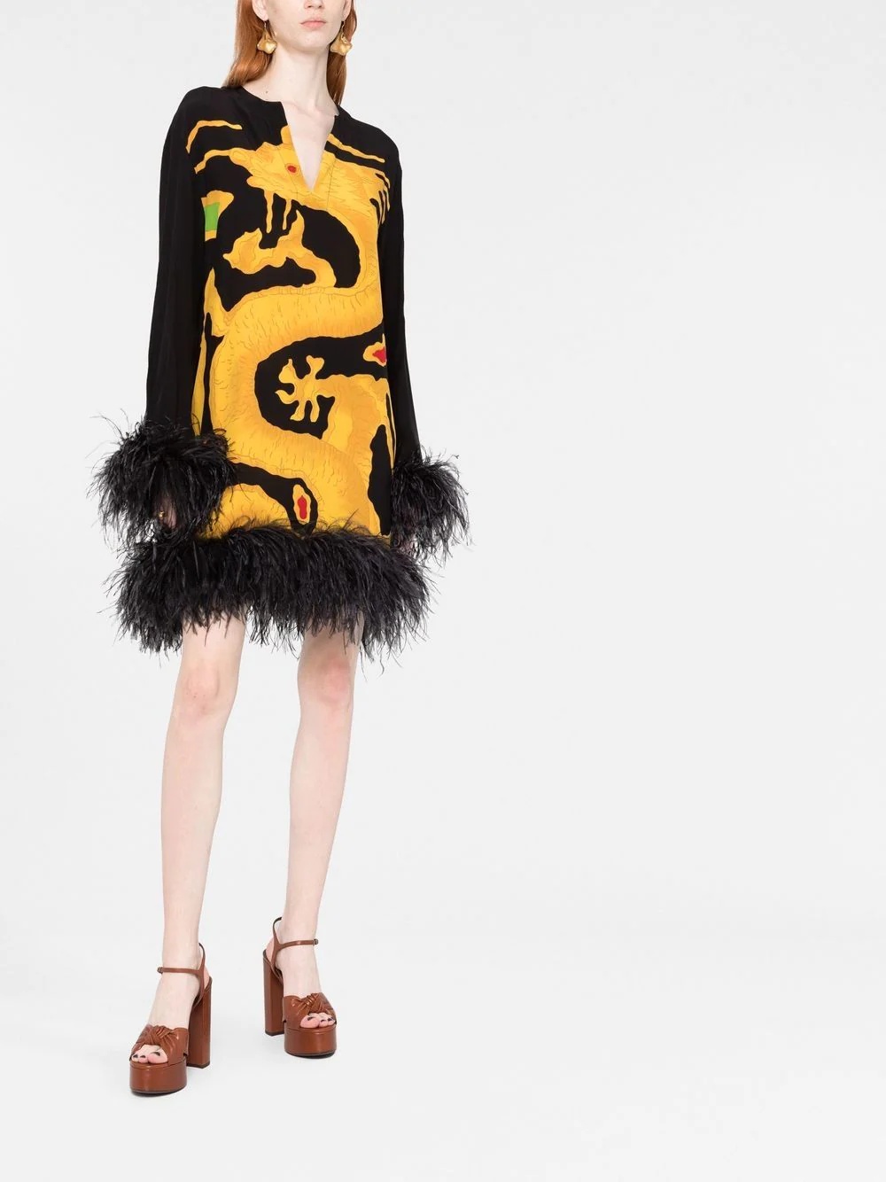 dragon-print feather-trim silk dress - 2