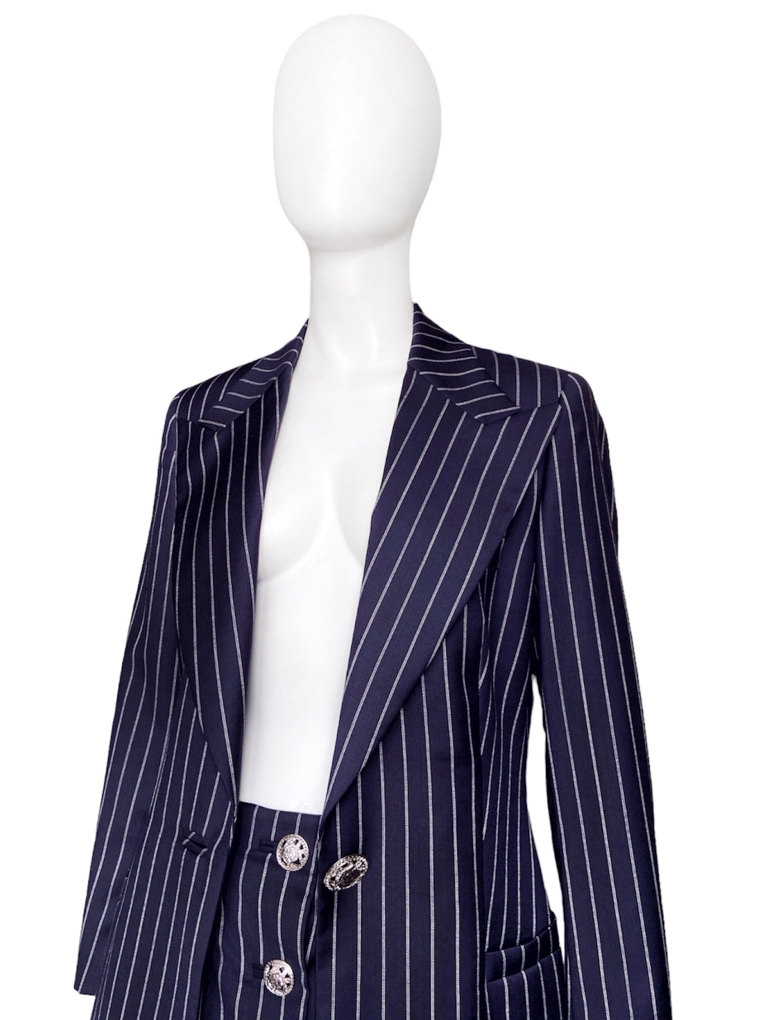 Gianni Versace Spring 1995 Navy Double Pinstriped Wrap Skirt Suit 42 - 8