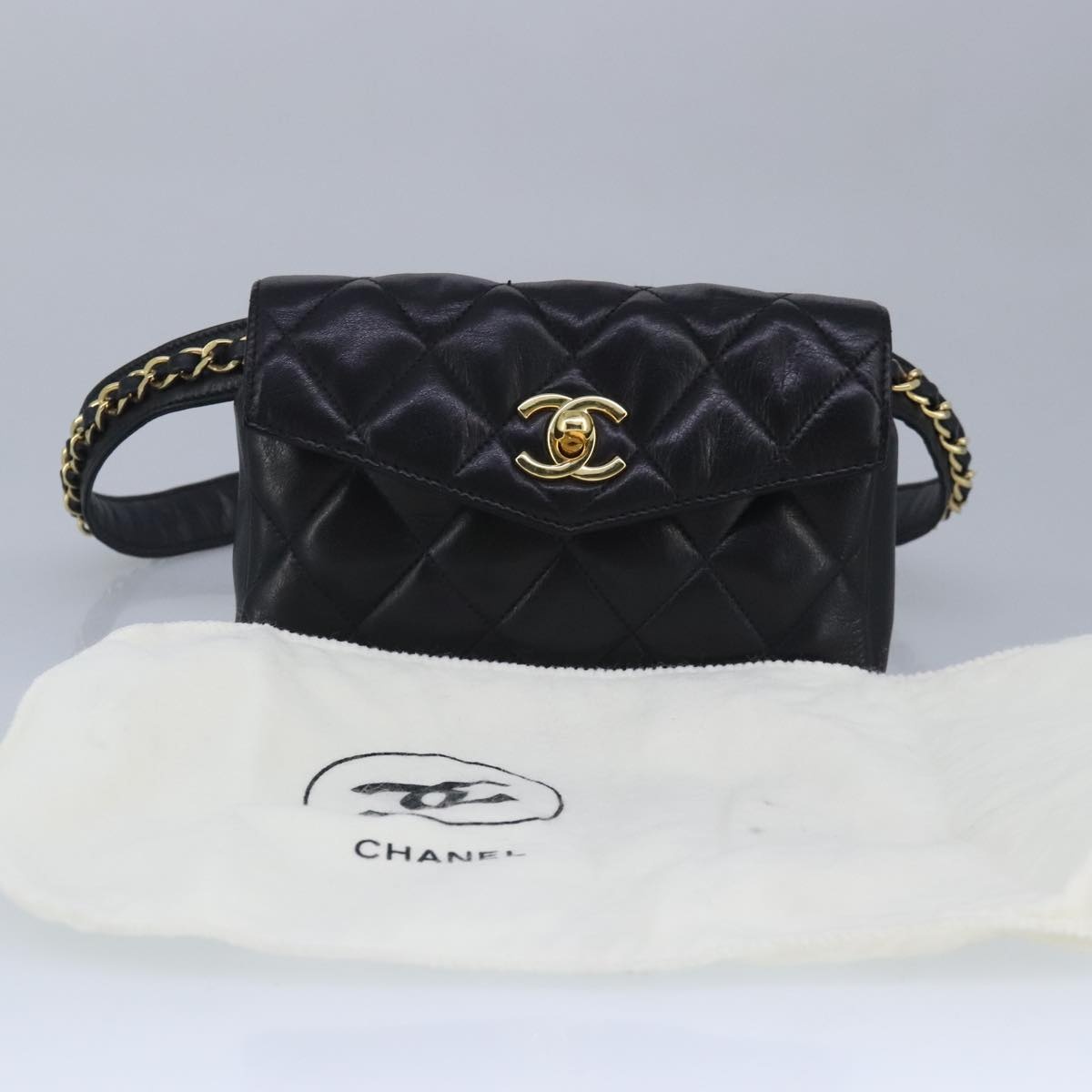 CHANEL Matelasse Chain Waist Bag Lamb Skin Black Gold CC - 12