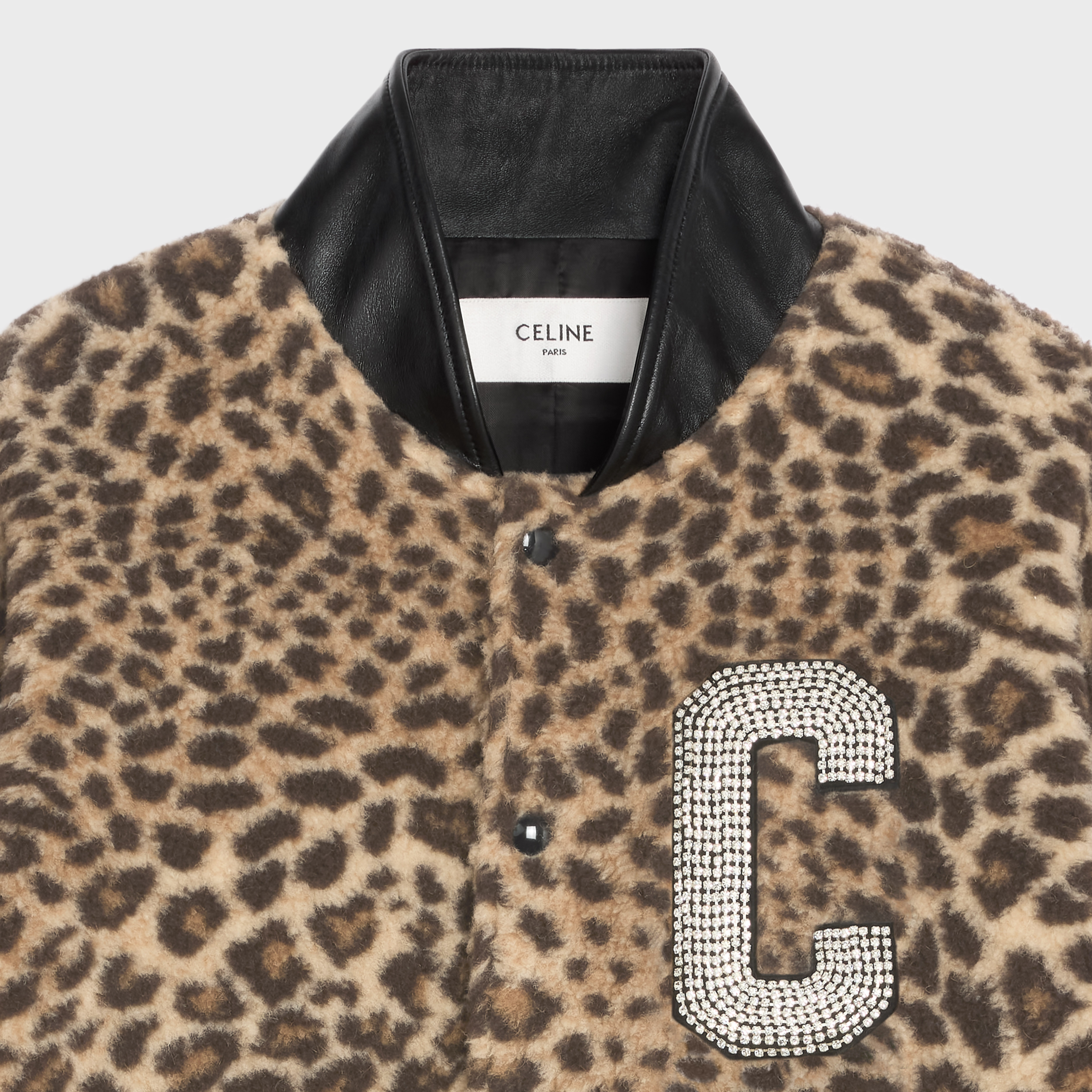 CELINE TEDDY JACKET IN LEOPARD-PRINT FLEECE WITH EMBROIDERED PATCH |  REVERSIBLE