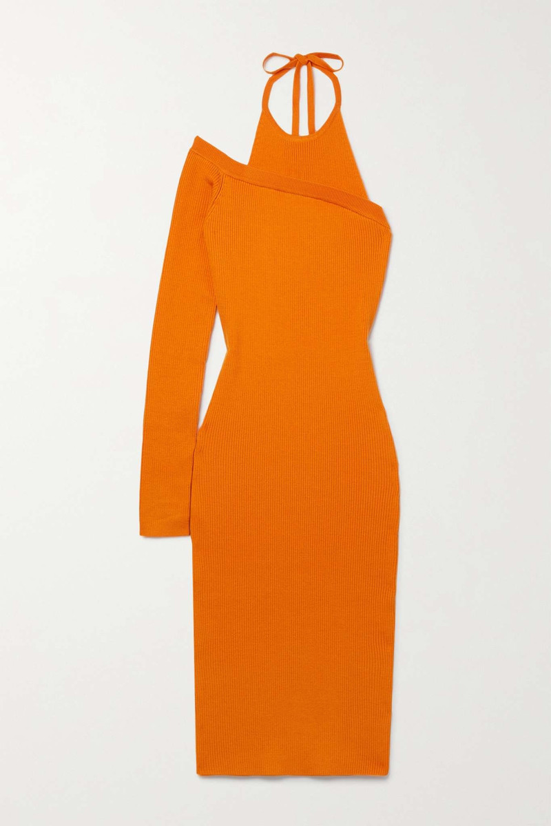 One-sleeve ribbed wool-blend halterneck midi dress - 1