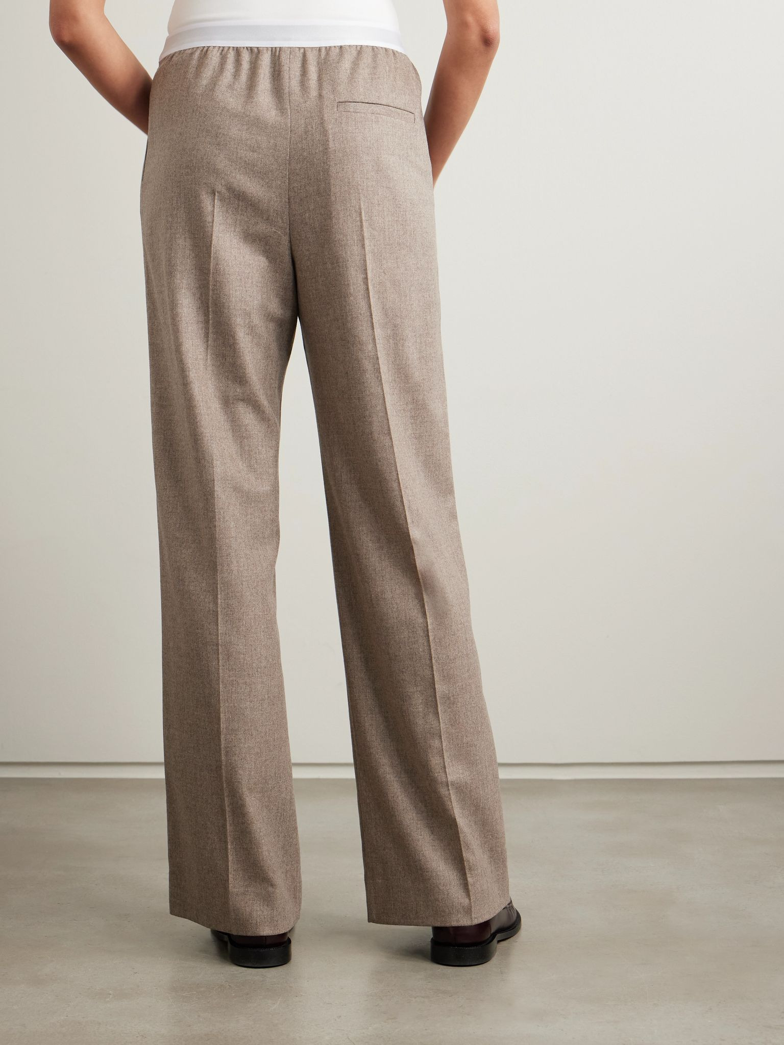 Stretch jacquard-trimmed pleated wool and cashmere-blend straight-leg pants Beige - 4