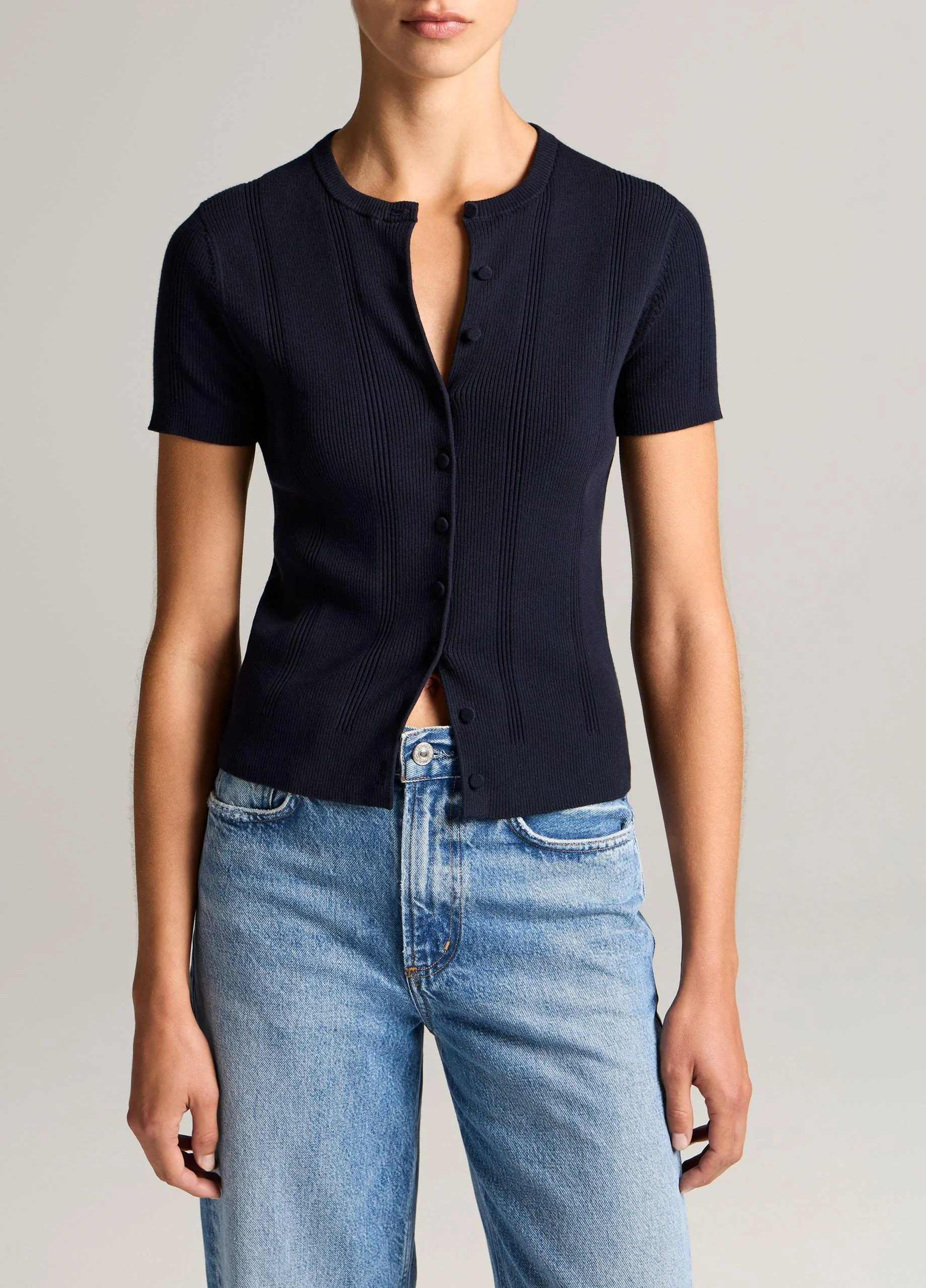 Ribbed Cotton Short-Sleeve Cardigan - 1