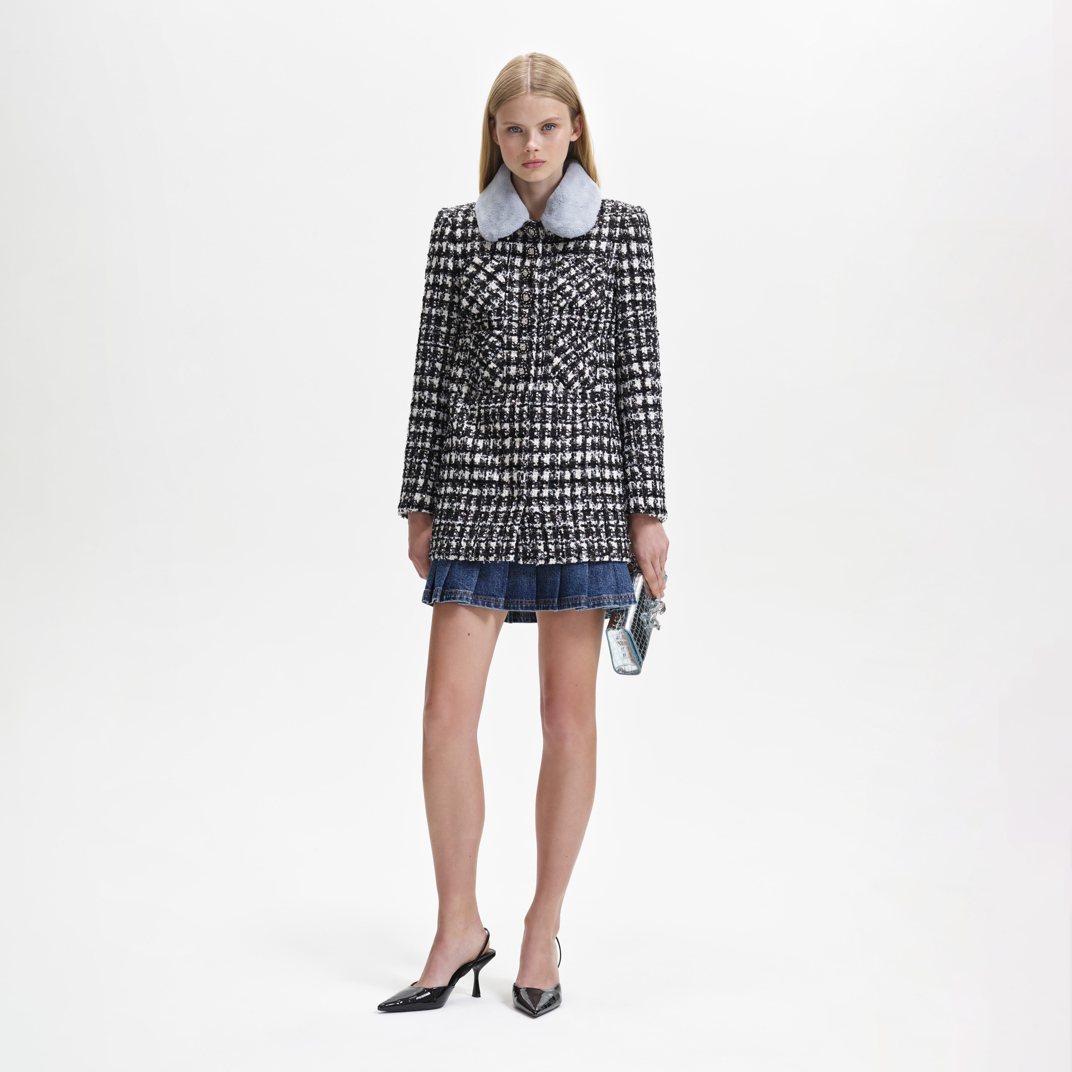 Black Check Boucle Collar Jacket - 1