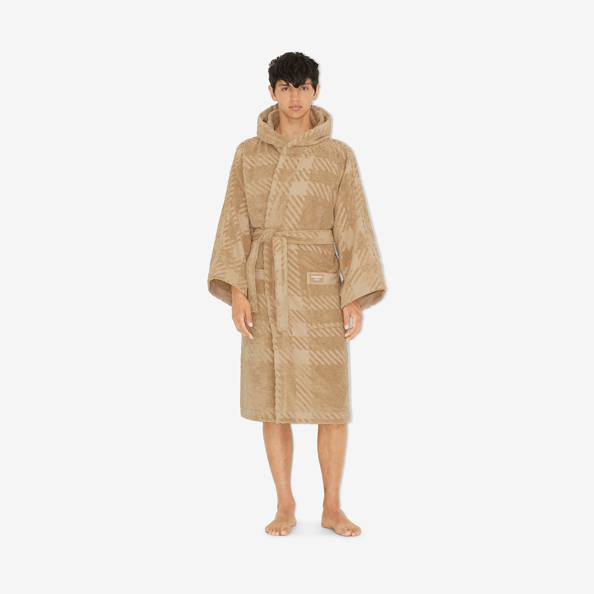 Check Cotton Jacquard Hooded Robe - 6