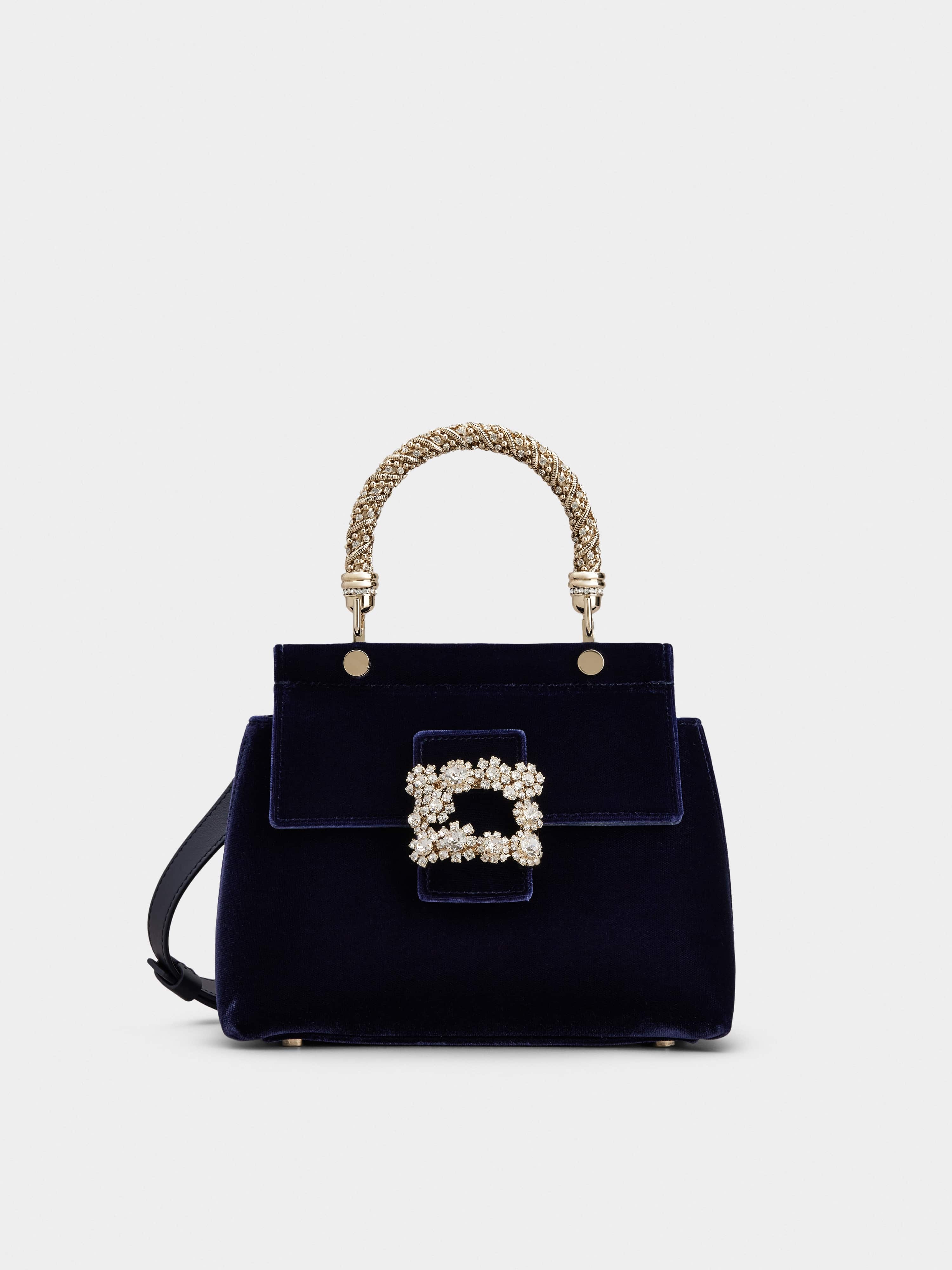 Roger Vivier - Flower Strass Buckle Clutch Bag in Velvet, Blue, Handbags