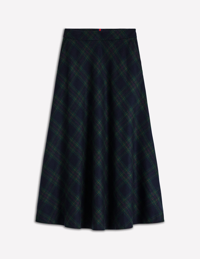Hayley Wool Midi Skirt-Navy and Green Tonal Check 1