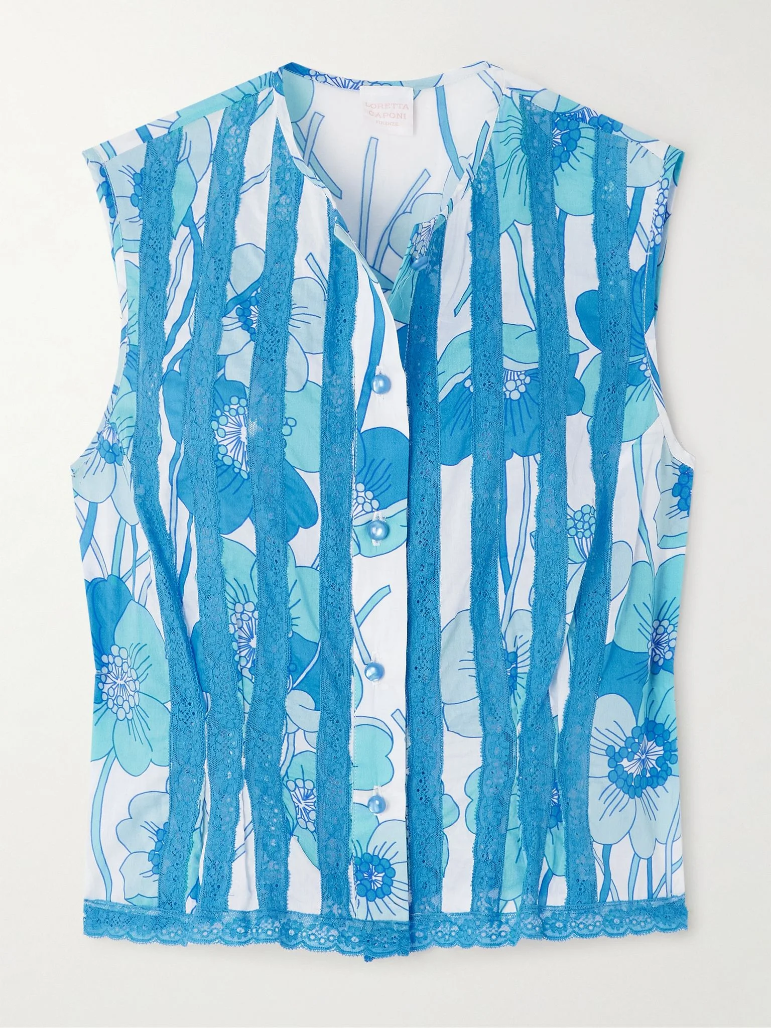 Lace-trimmed floral-print cotton-voile top Blue - 1