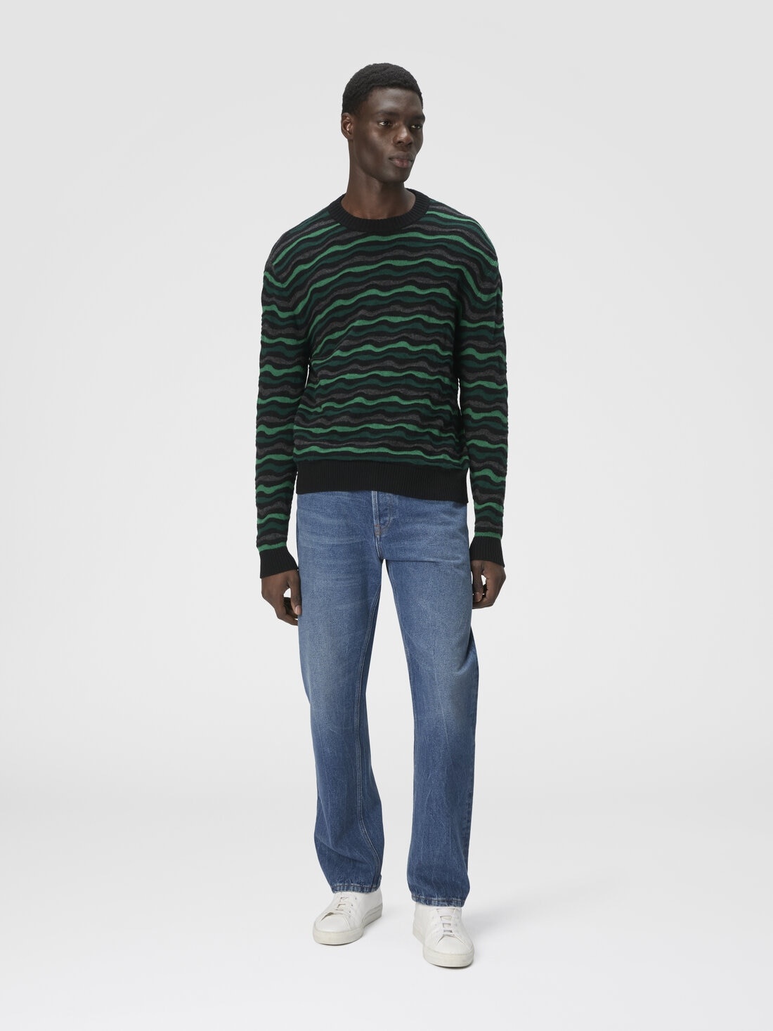 Crew Neck Sweater with Wave Pattern - 2